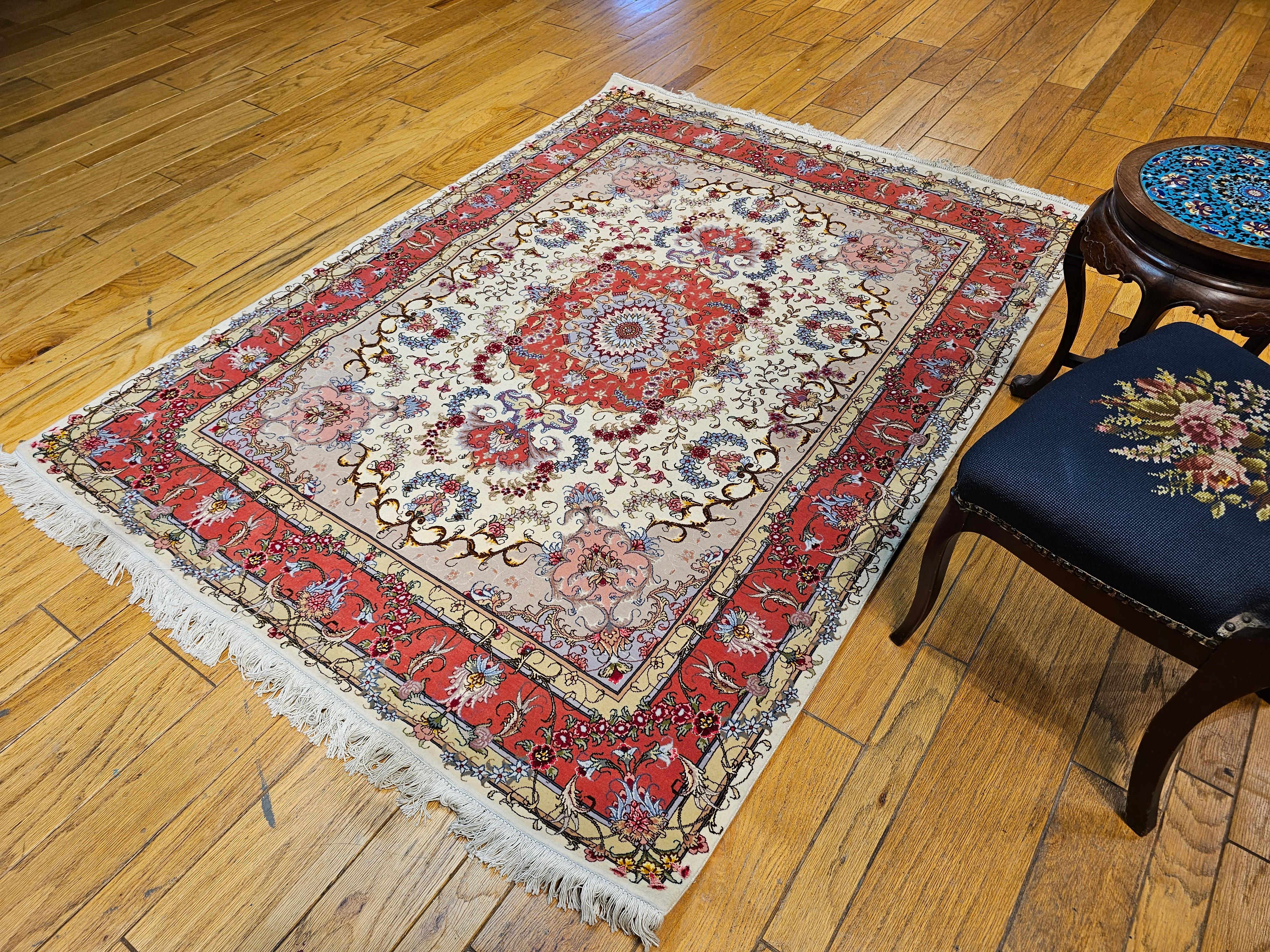 Vintage Persian Tabriz Area Rug in Floral Pattern in Ivory, Salmon, Taupe, Blue For Sale 7