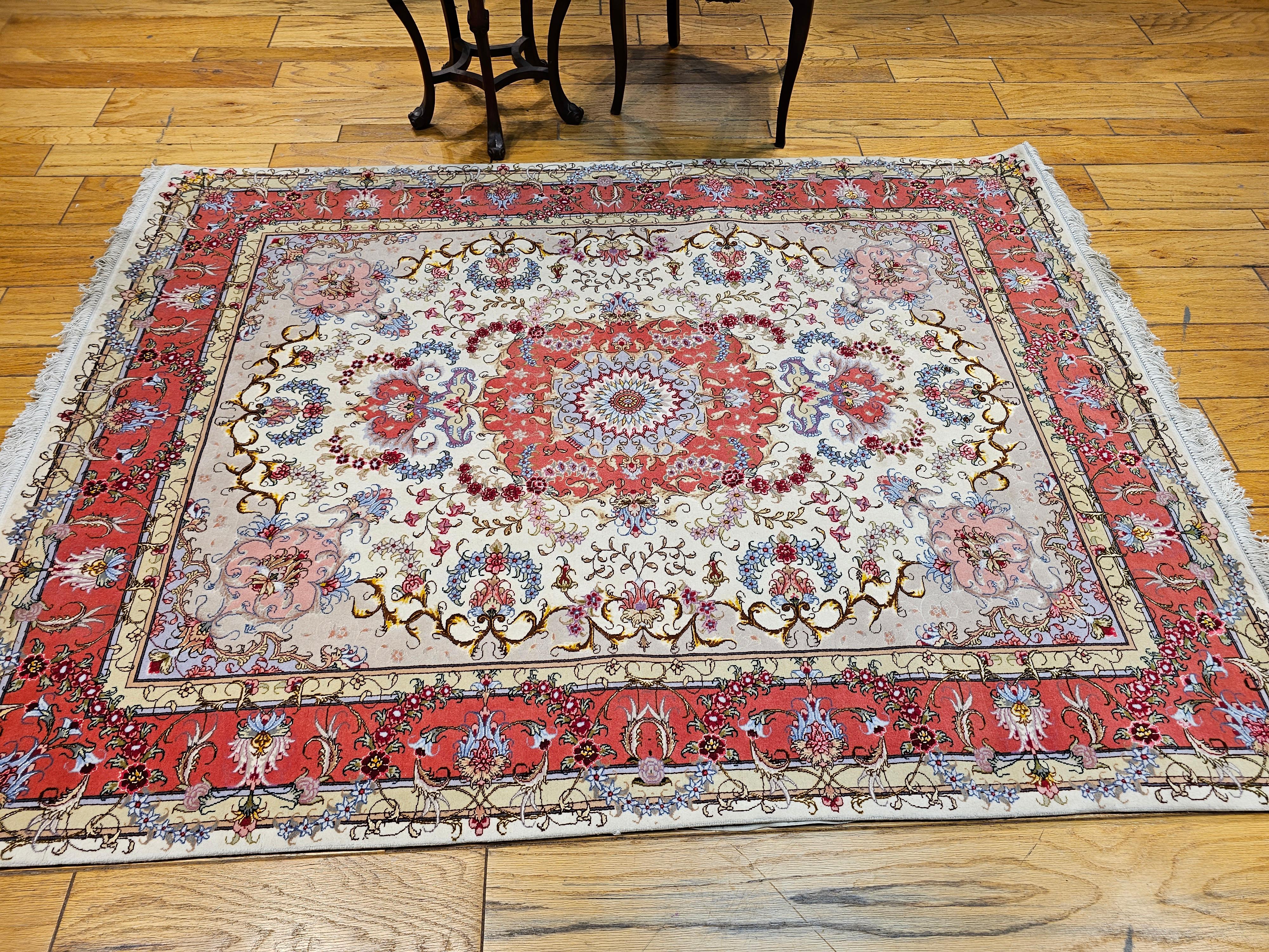 Vintage Persian Tabriz Area Rug in Floral Pattern in Ivory, Salmon, Taupe, Blue For Sale 8