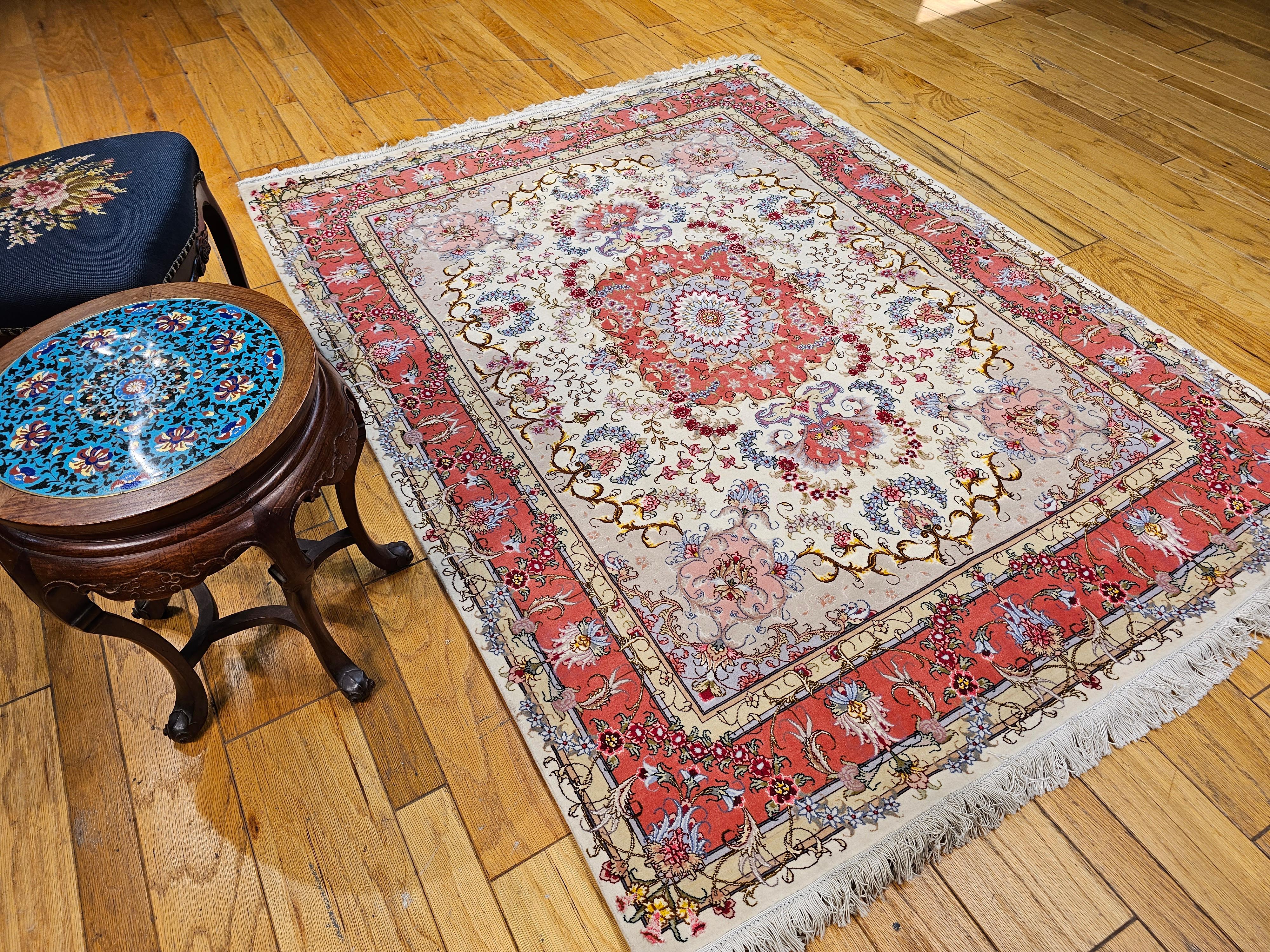 Vintage Persian Tabriz Area Rug in Floral Pattern in Ivory, Salmon, Taupe, Blue For Sale 9