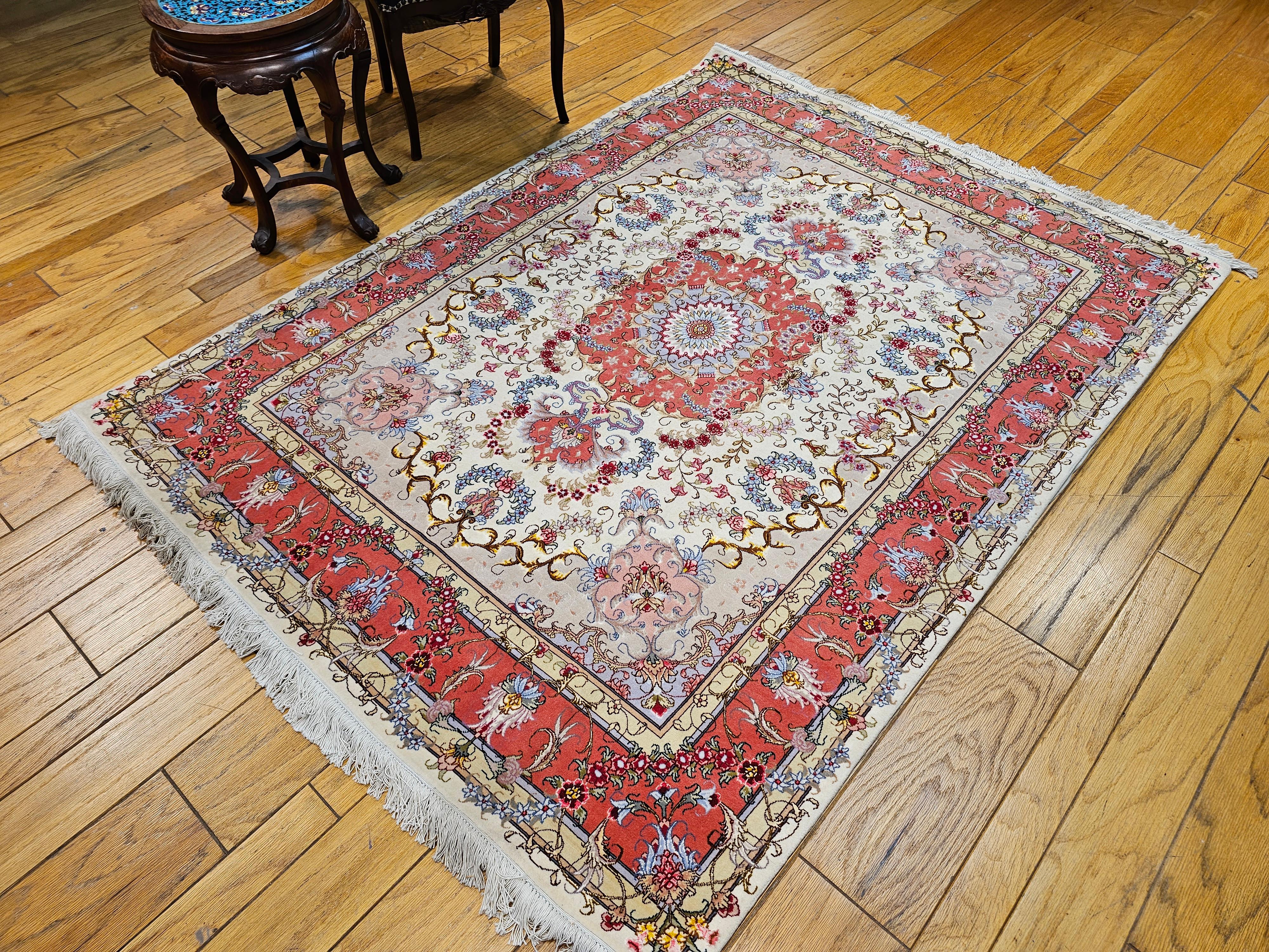 Vintage Persian Tabriz Area Rug in Floral Pattern in Ivory, Salmon, Taupe, Blue For Sale 10