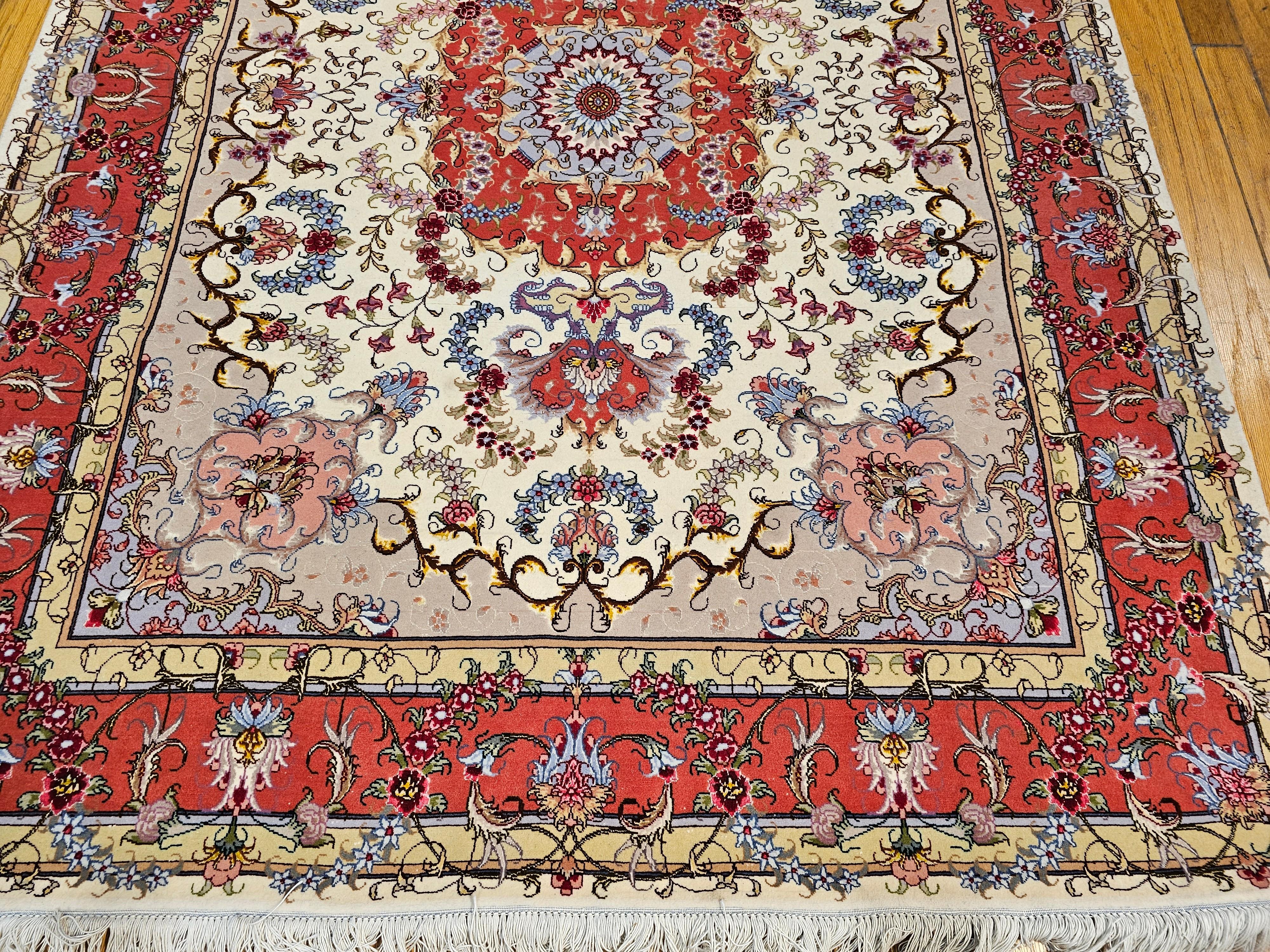 Vintage Persian Tabriz Area Rug in Floral Pattern in Ivory, Salmon, Taupe, Blue For Sale 3