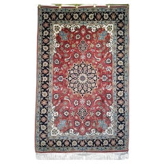 Vintage Persian Tabriz Area Rug in Floral Pattern in Pomegranate-Red, Navy
