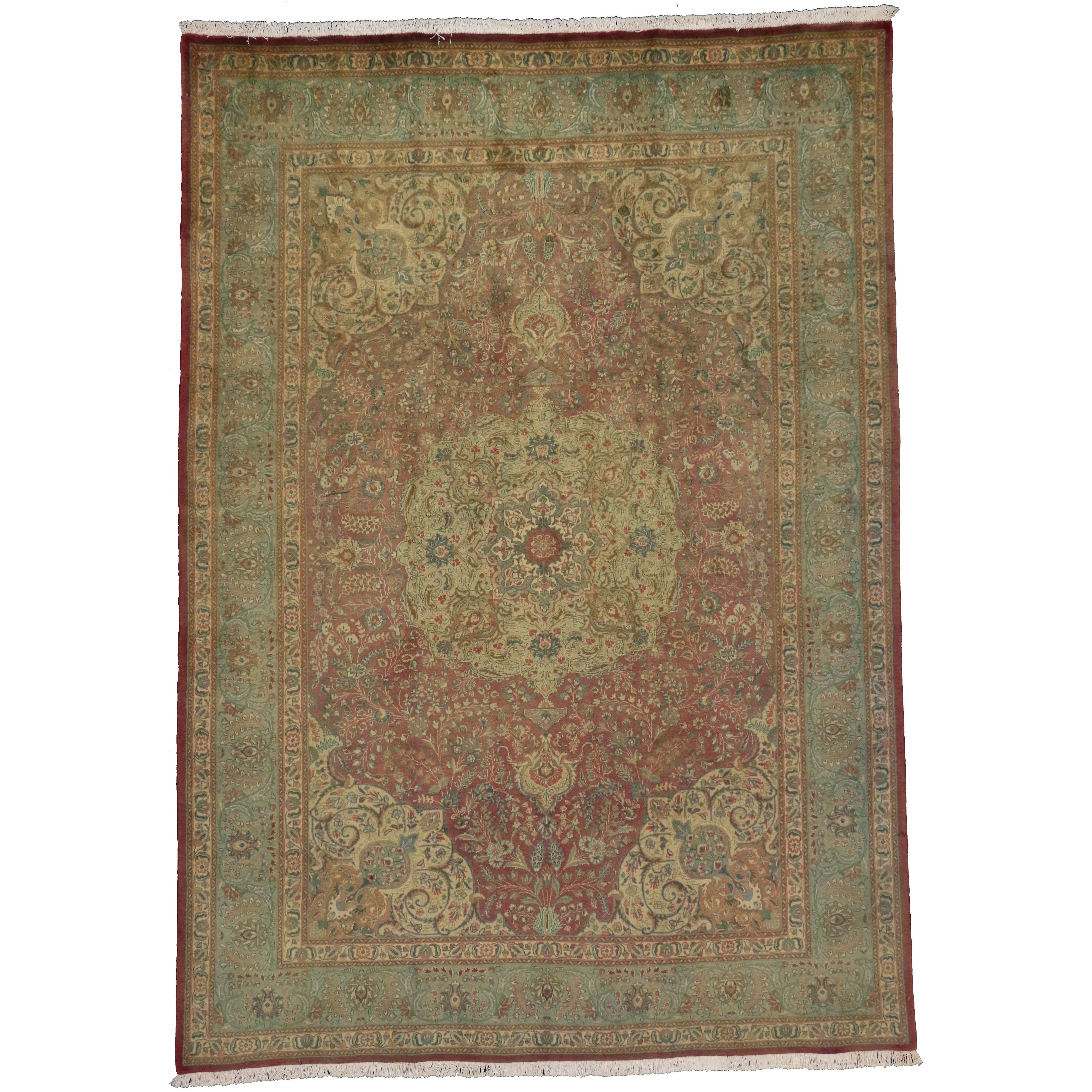 Vintage Persian Tabriz Area Rug with Medallion Design and Traditional Style