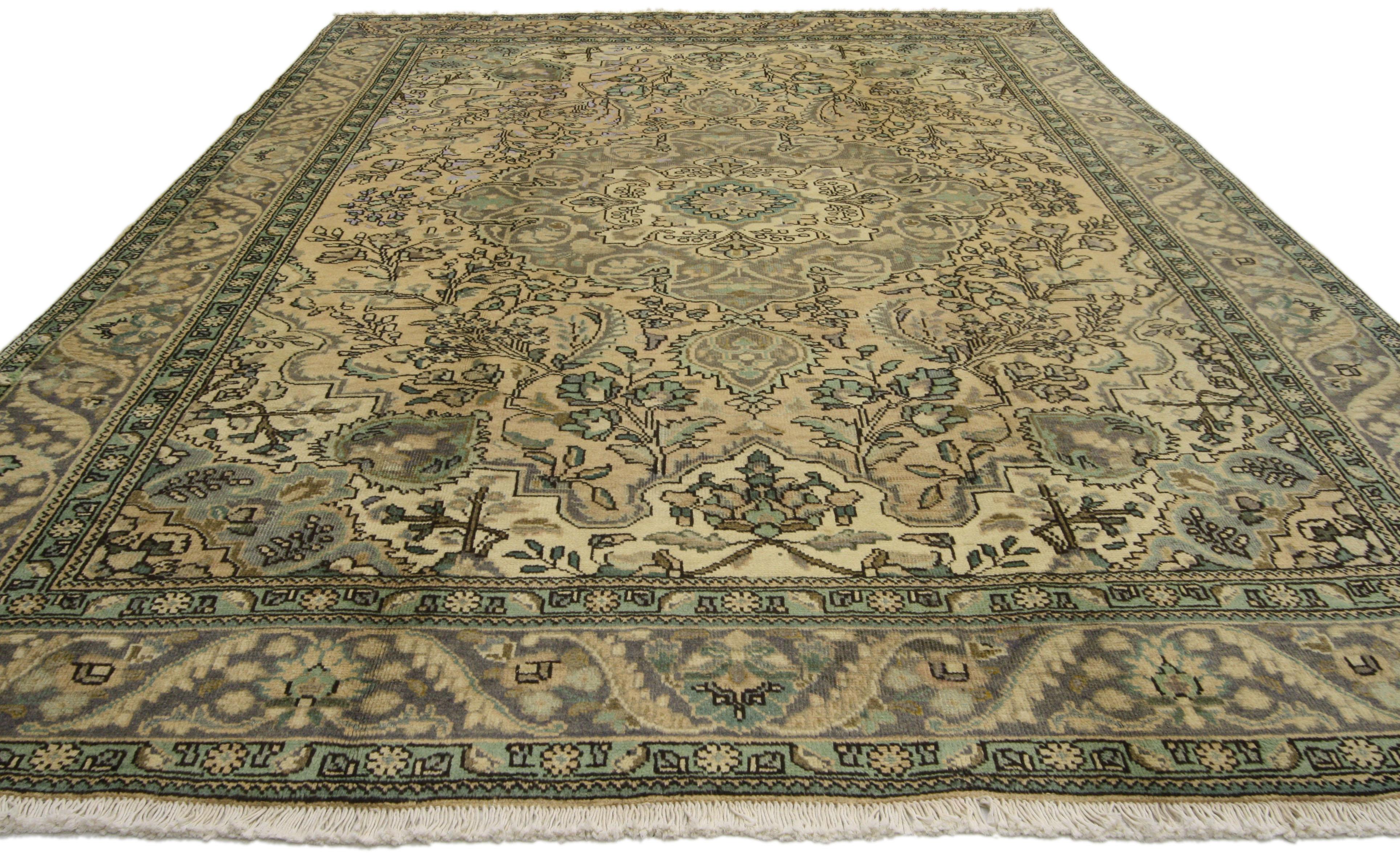Hand-Knotted Vintage Persian Tabriz Area Rug with French Provincial Style For Sale