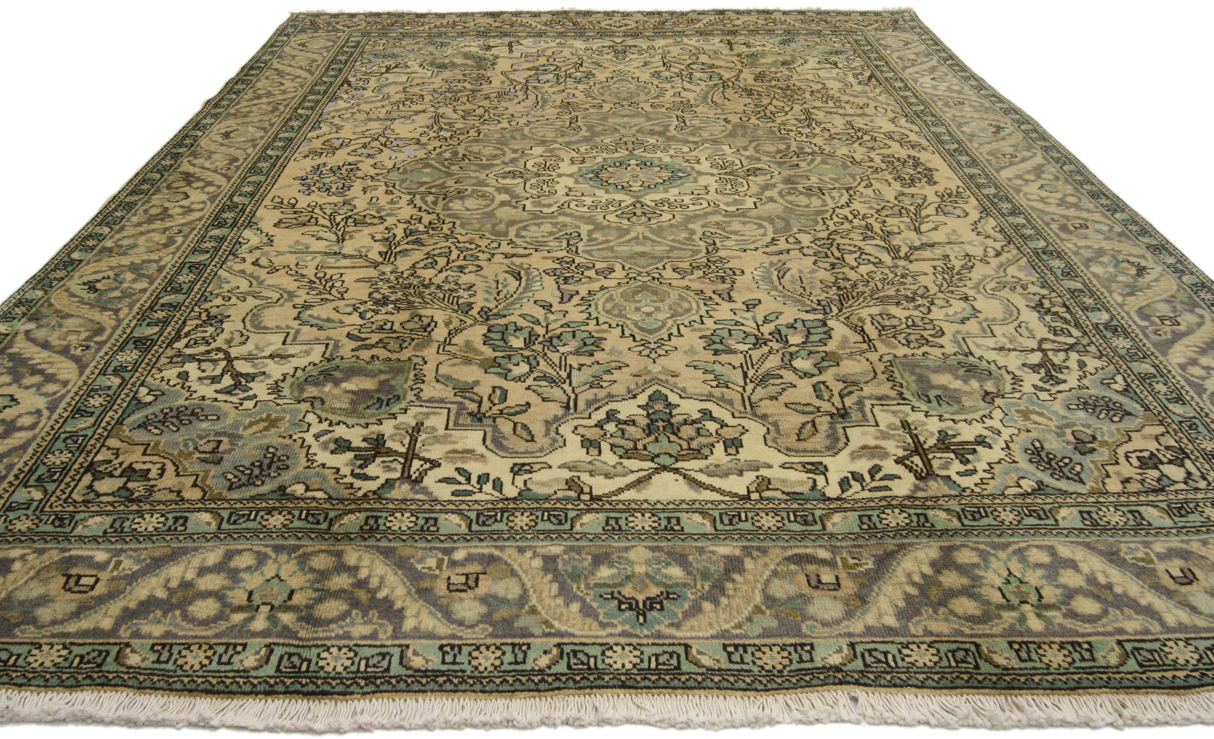 Hand-Knotted Vintage Persian Tabriz Area Rug with French Provincial Style