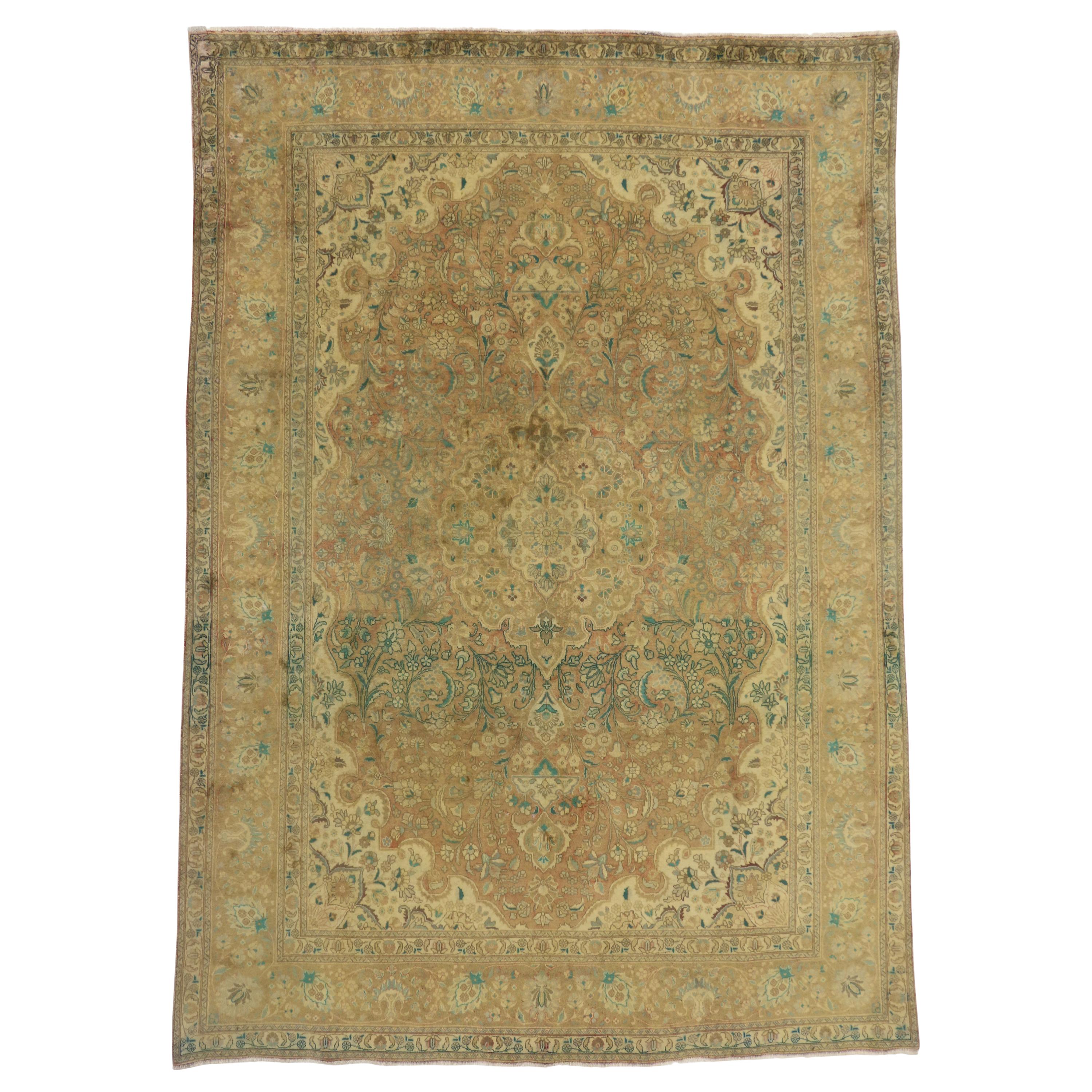 Vintage Persian Tabriz Area Rug with Traditional Style