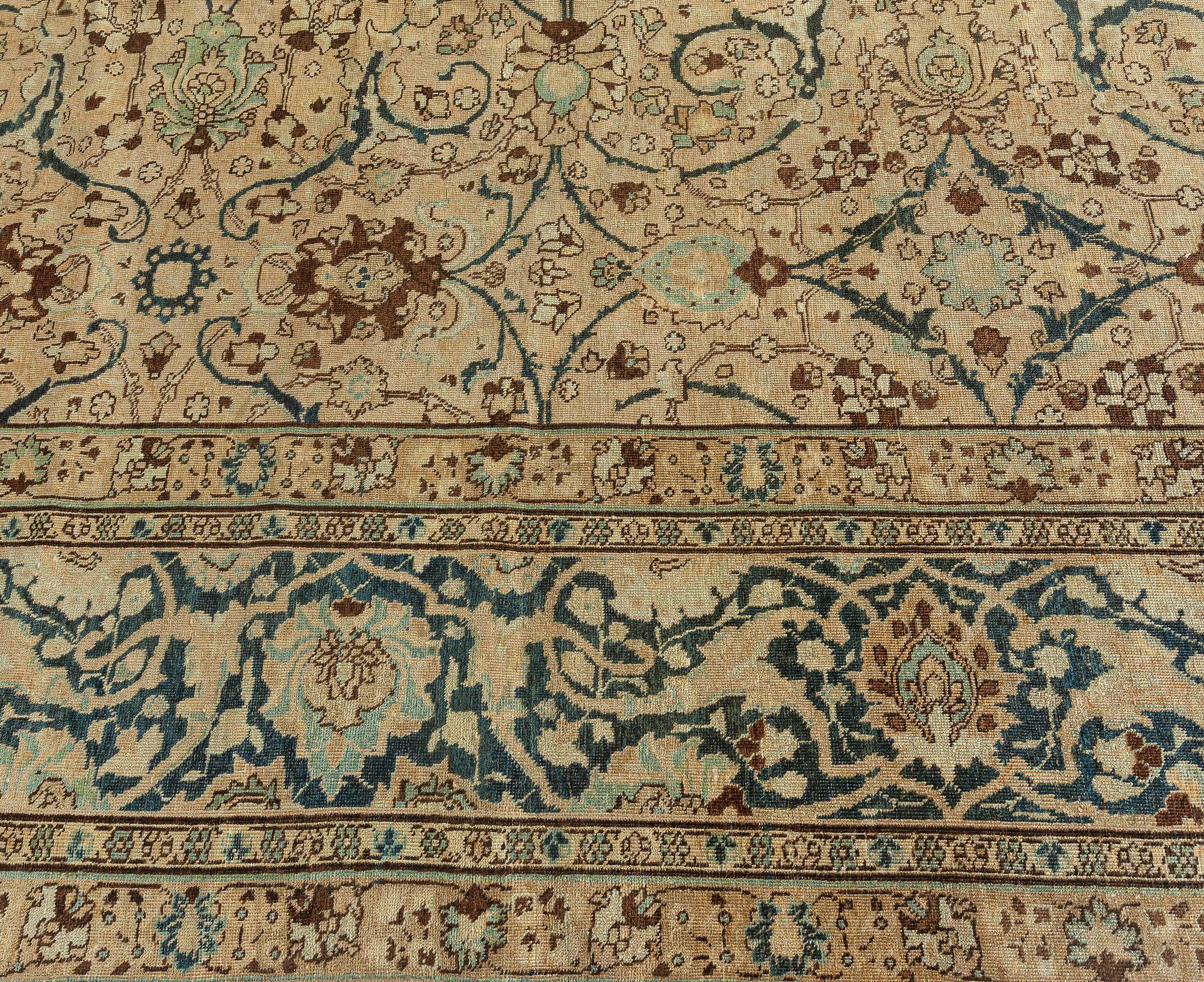 19th Century Vintage Persian Tabriz Botanic Handmade Wool Rug For Sale