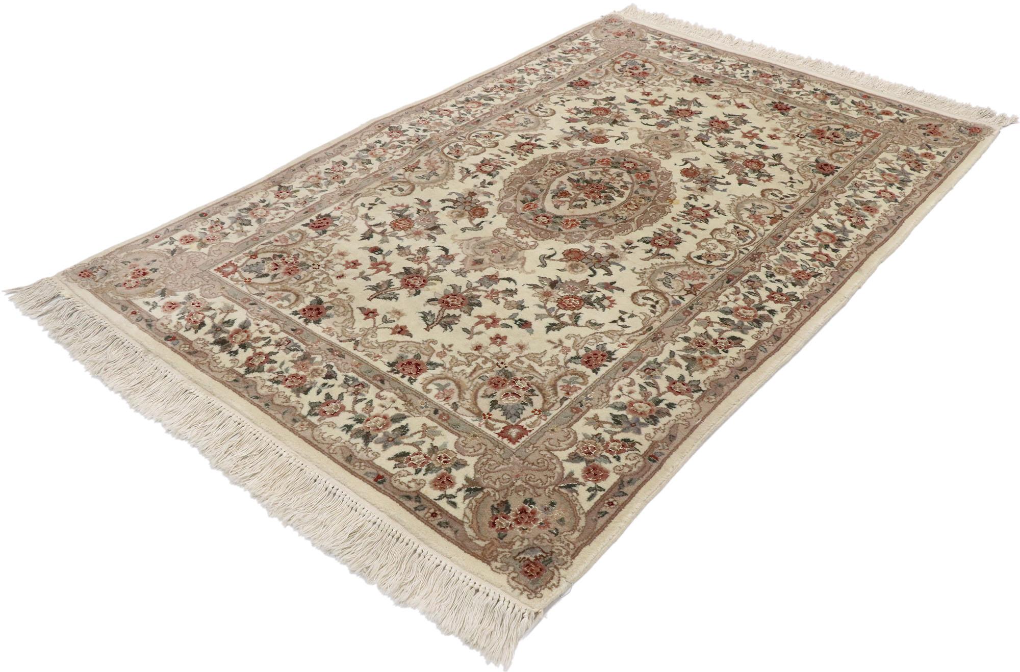 77570, vintage Persian Tabriz Chinese Floral rug with Art Nouveau Rococo style. Ornate details and effortless beauty with romantic connotations, this hand knotted wool and silk vintage Persian Tabriz Chinese rug beautifully embodies both Art Nouveau