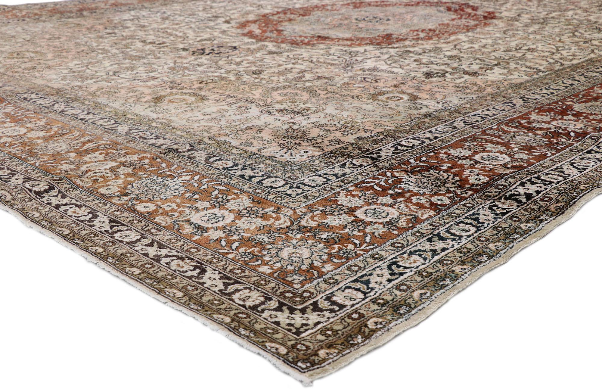 77376, vintage Persian Tabriz Chinese silk rug with Art Nouveau Rococo style. With ornate details and well-balanced symmetry combined with a dreamy color palette, this hand knotted wool vintage Persian Tabriz Chinese silk rug beautifully embodies