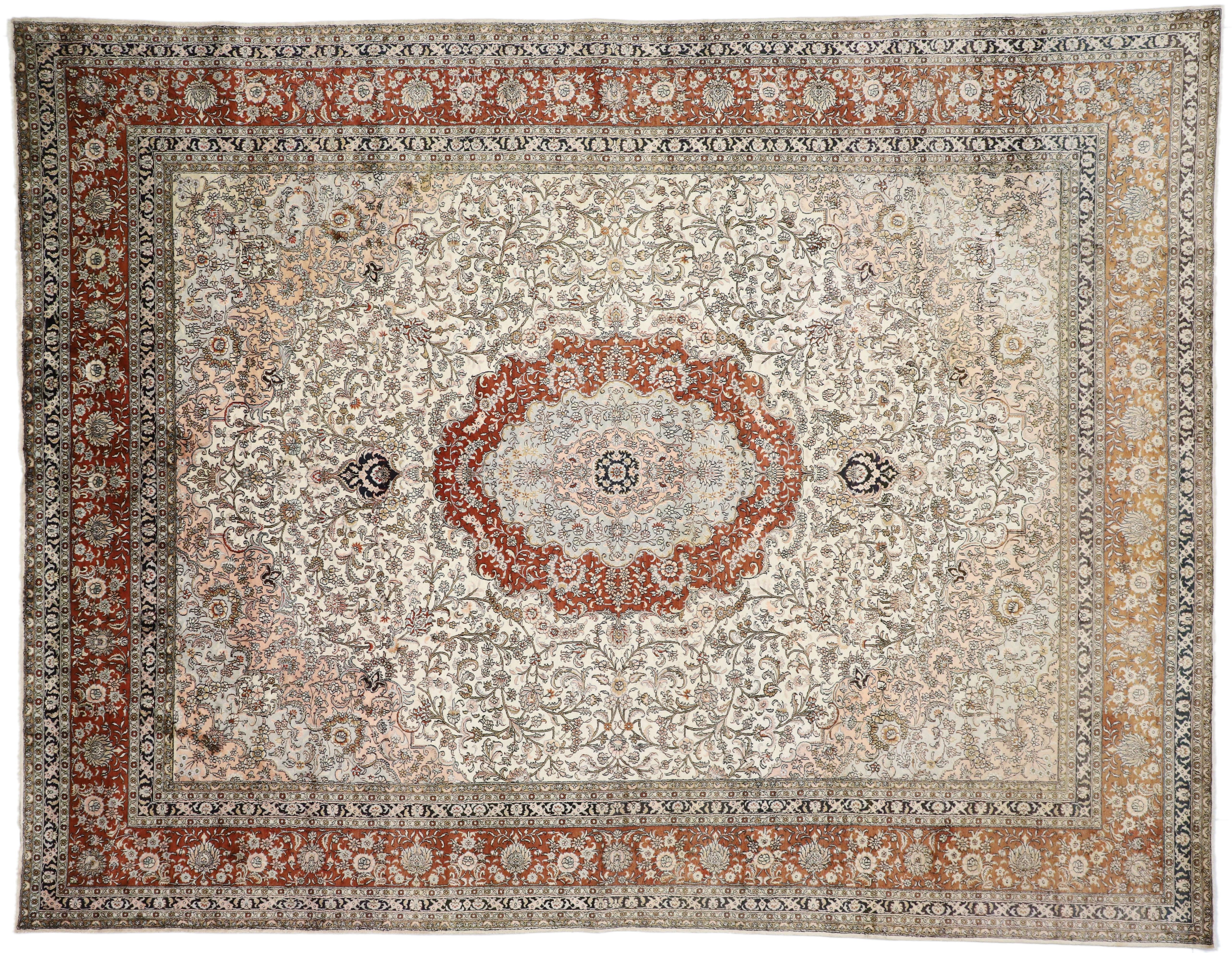 Vintage Persian Tabriz Chinese Silk Rug with Art Nouveau Rococo Style For Sale 1