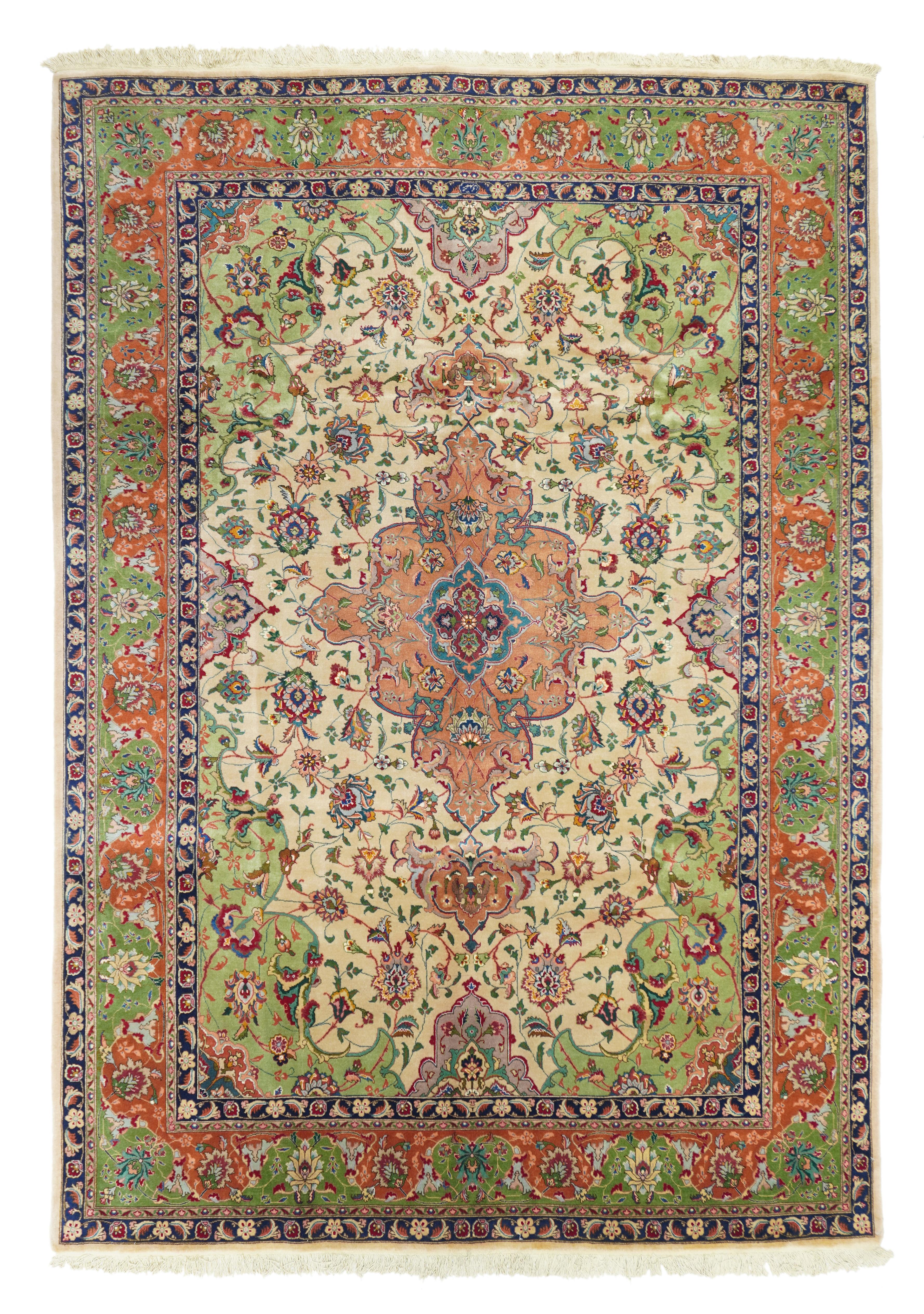 This modern Isfahan interpretation shows a creamy straw field anchored by a  Verticlly stretched 12 lobe rose medallion, with winged leaf pendants, straw-mustard semi-ensuite corners, and a framing bitonal main border in goldenrod and rust, with