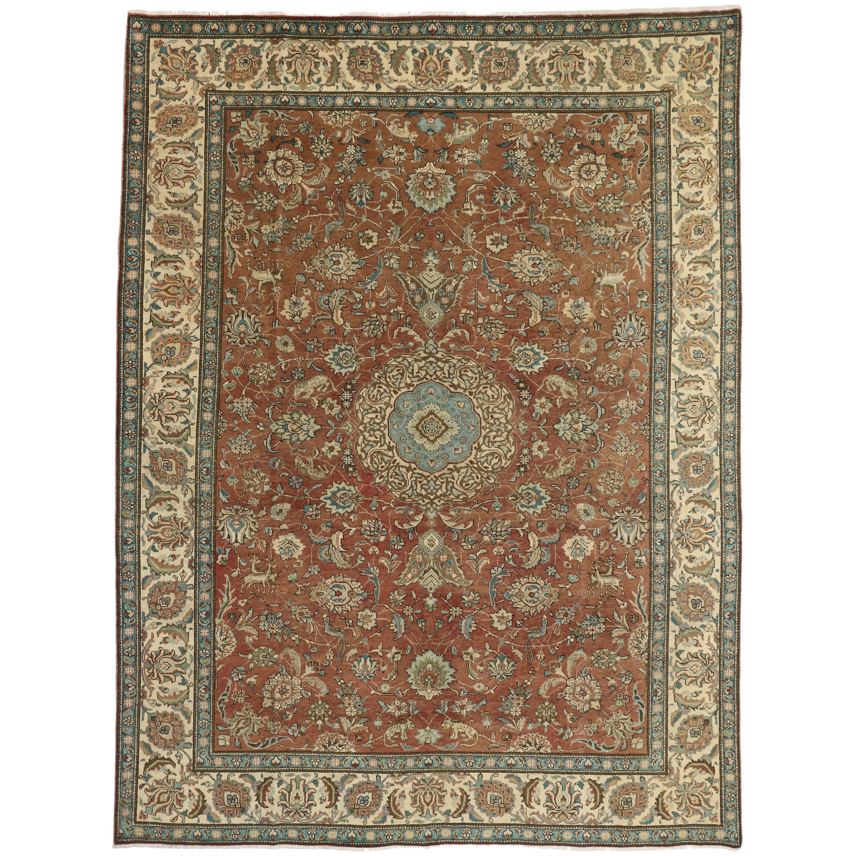 Vintage persischer Täbriz-Galerie-Teppich mit Jagd-Szene und mittelalterlichem Stil
