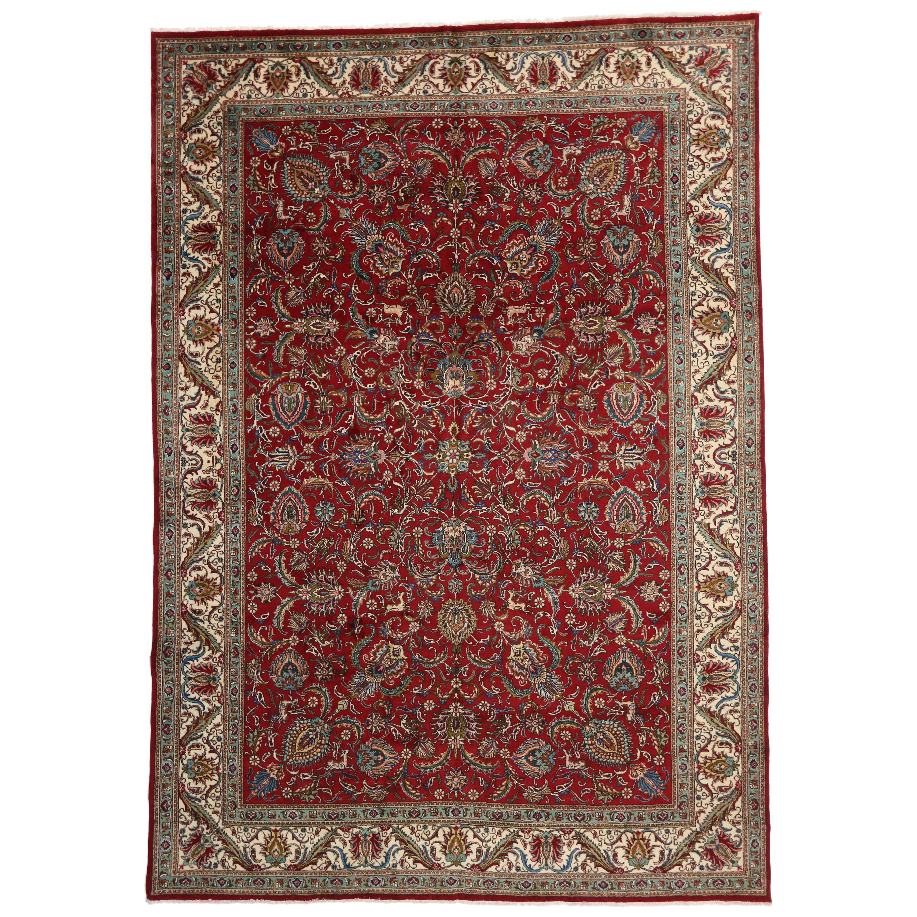 Alfombra Persa Vintage Tabriz de Galería con Escena de Caza y Estilo Medieval