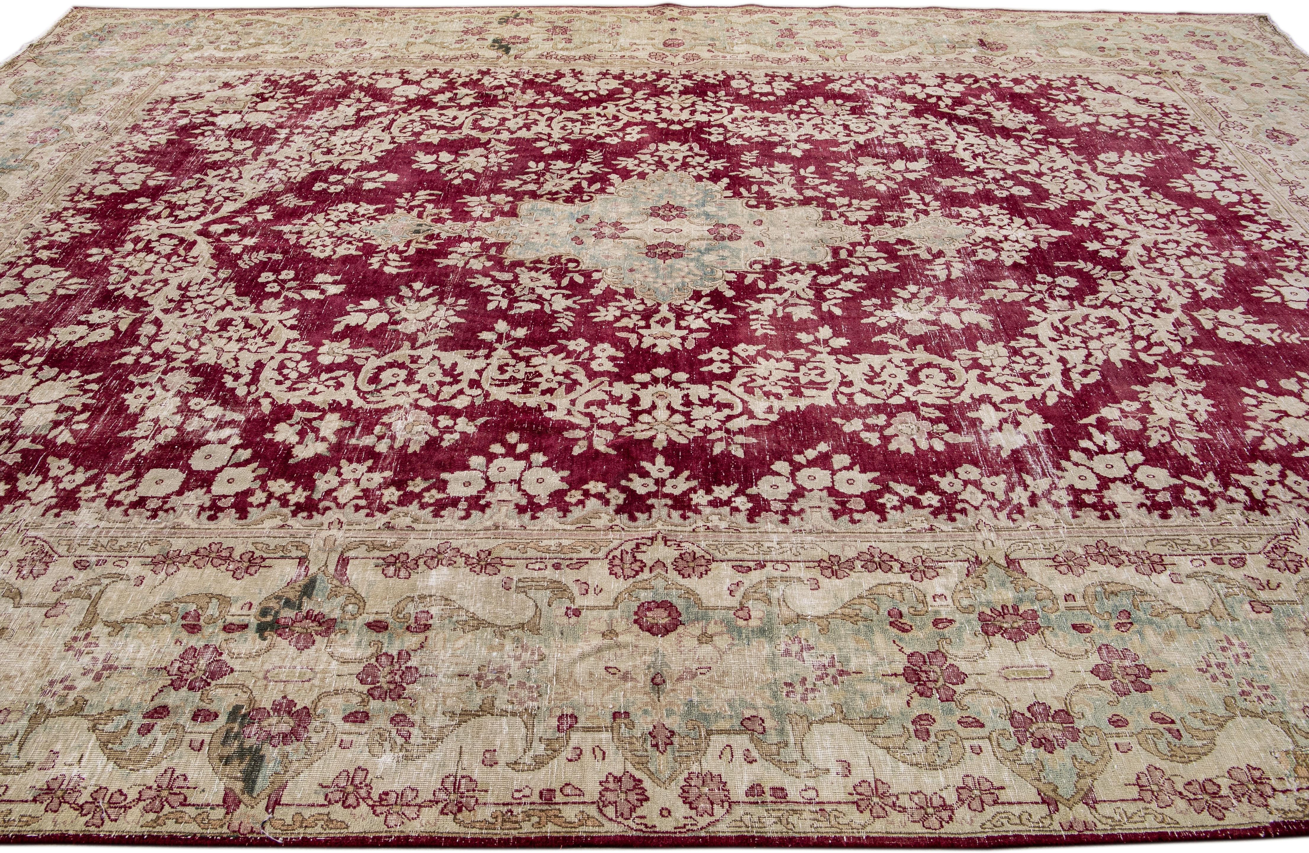 Vintage Persian Tabriz Handmade Red Wool Rug With Medallion Motif In Distressed Condition For Sale In Norwalk, CT
