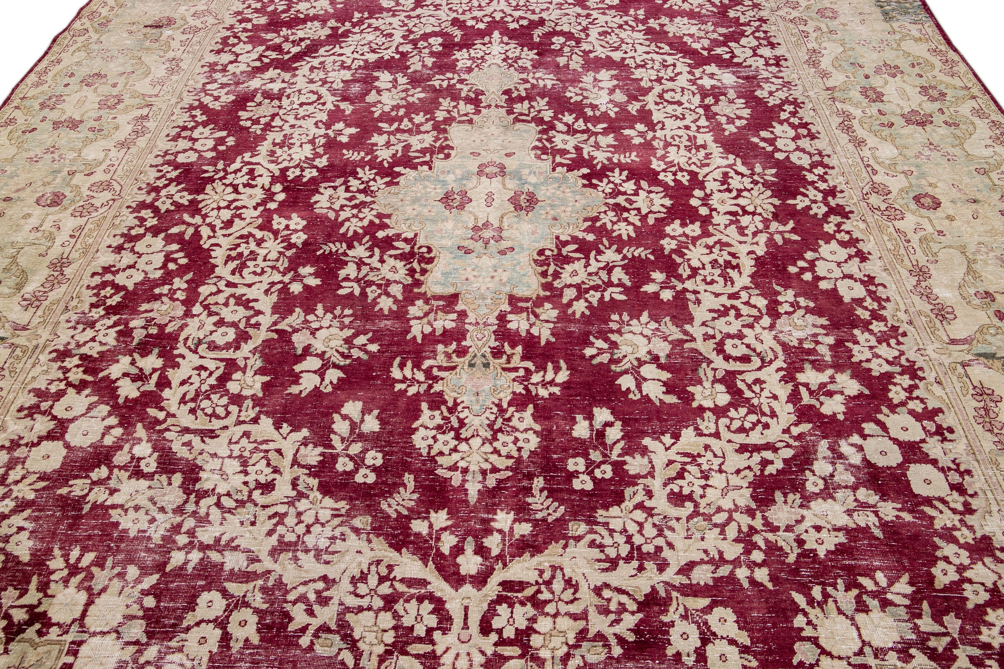 Vintage Persian Tabriz Handmade Red Wool Rug With Medallion Motif For Sale 1