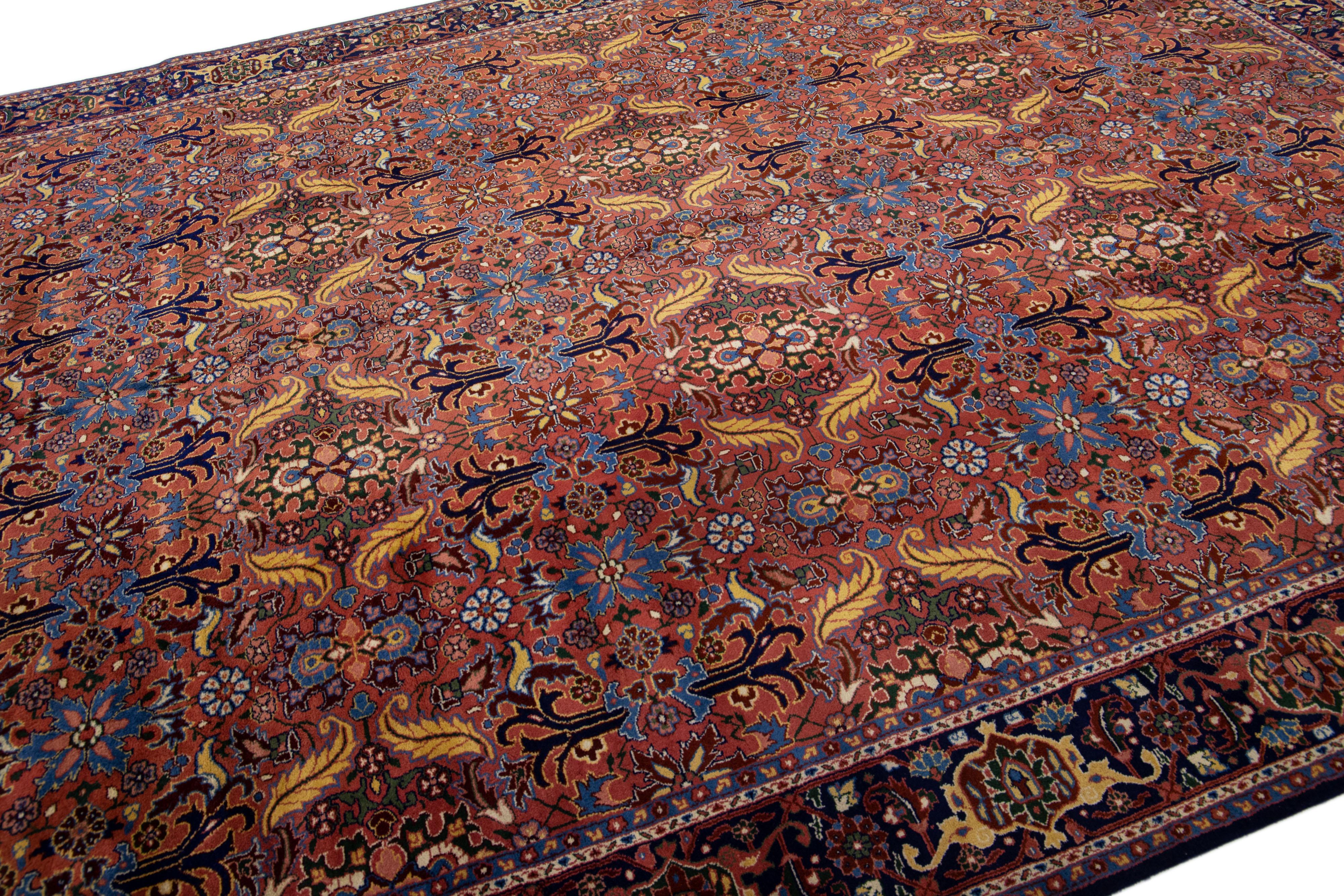 Mid-Century Modern Vintage Persian Tabriz Handmade Wool Rug in Rust For Sale
