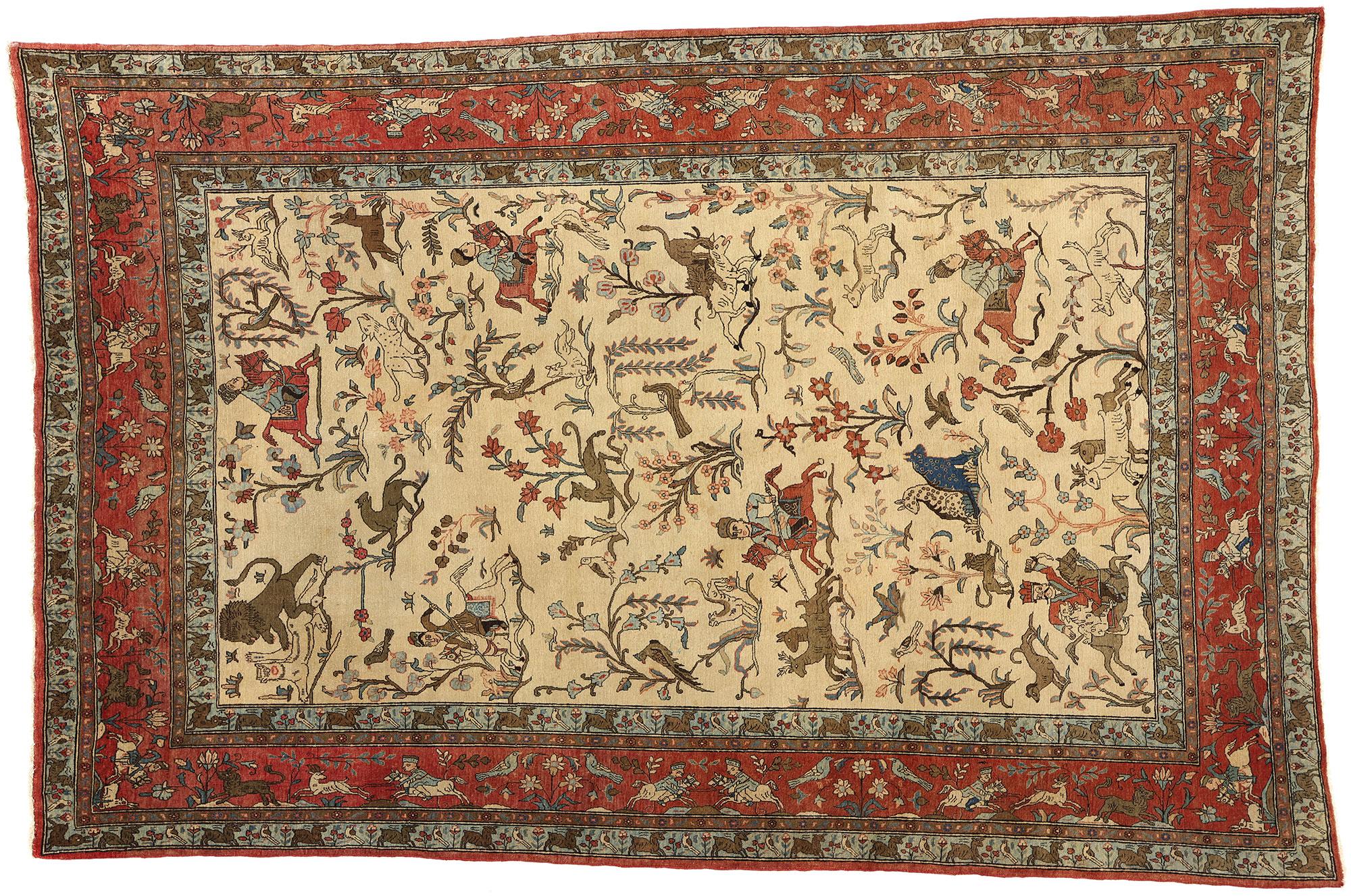Vintage Persian Tabriz Hunting Pictorial Tableau Carpet For Sale 4