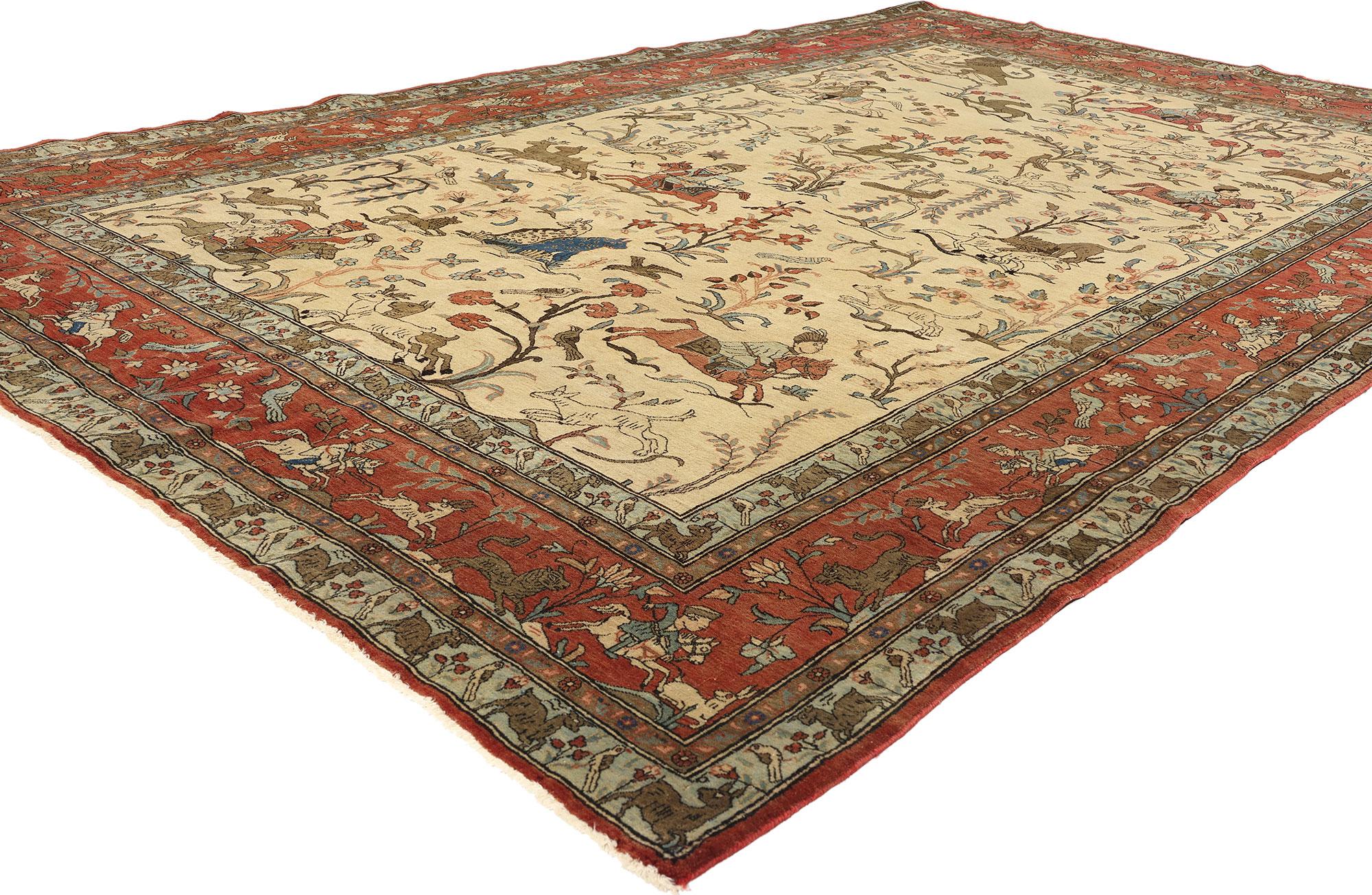 78766 Vintage Persian Tabriz Hunting Rug, 06'10 x 10'03. Persische Täbris-Bildteppiche mit Jagdszenen sind exquisite Kunstwerke aus Täbris im Iran, die für ihre detaillierten Darstellungen von Jagdexpeditionen in üppigen Landschaften bekannt sind.