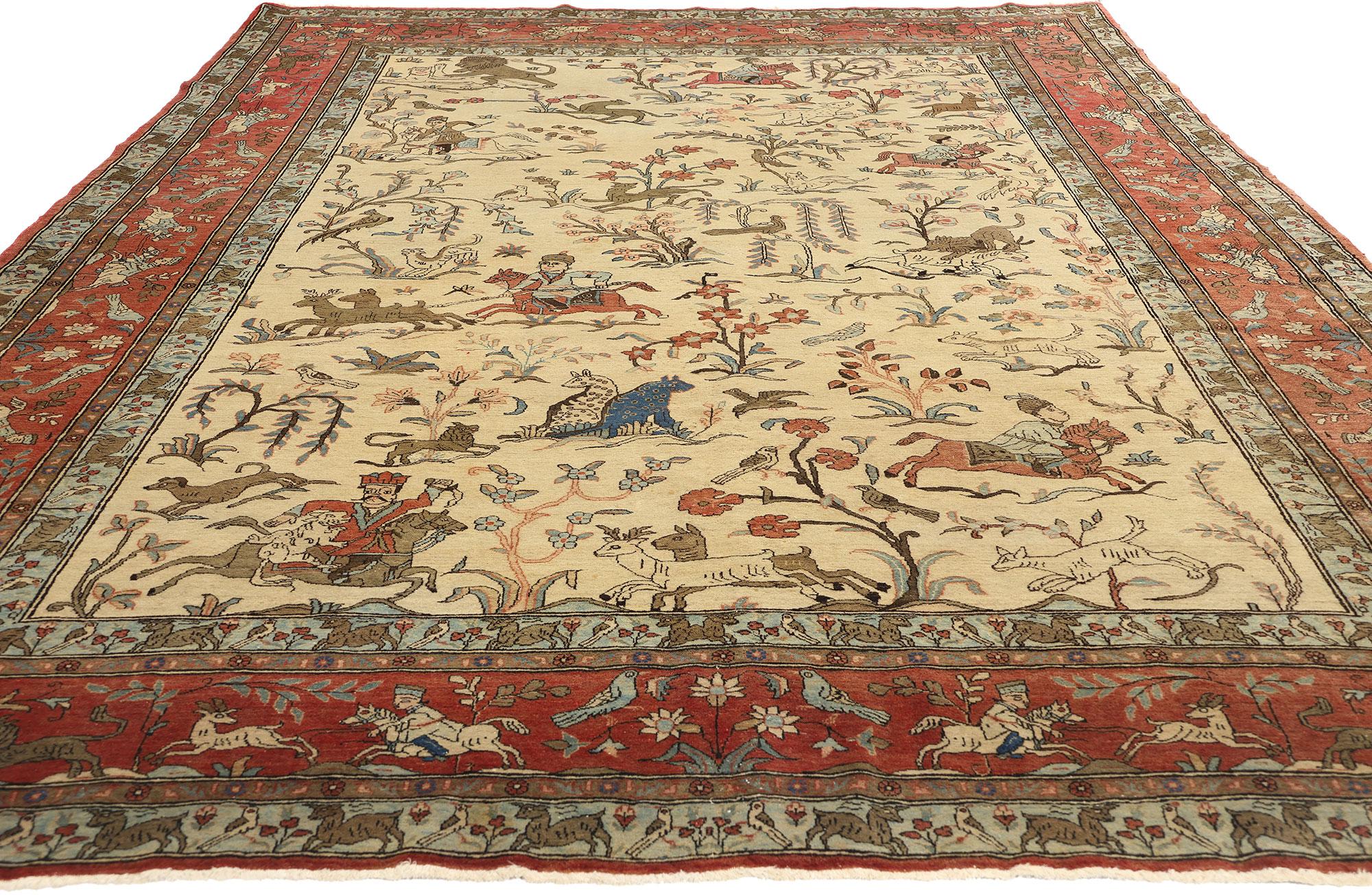 Hand-Knotted Vintage Persian Tabriz Hunting Pictorial Tableau Carpet For Sale