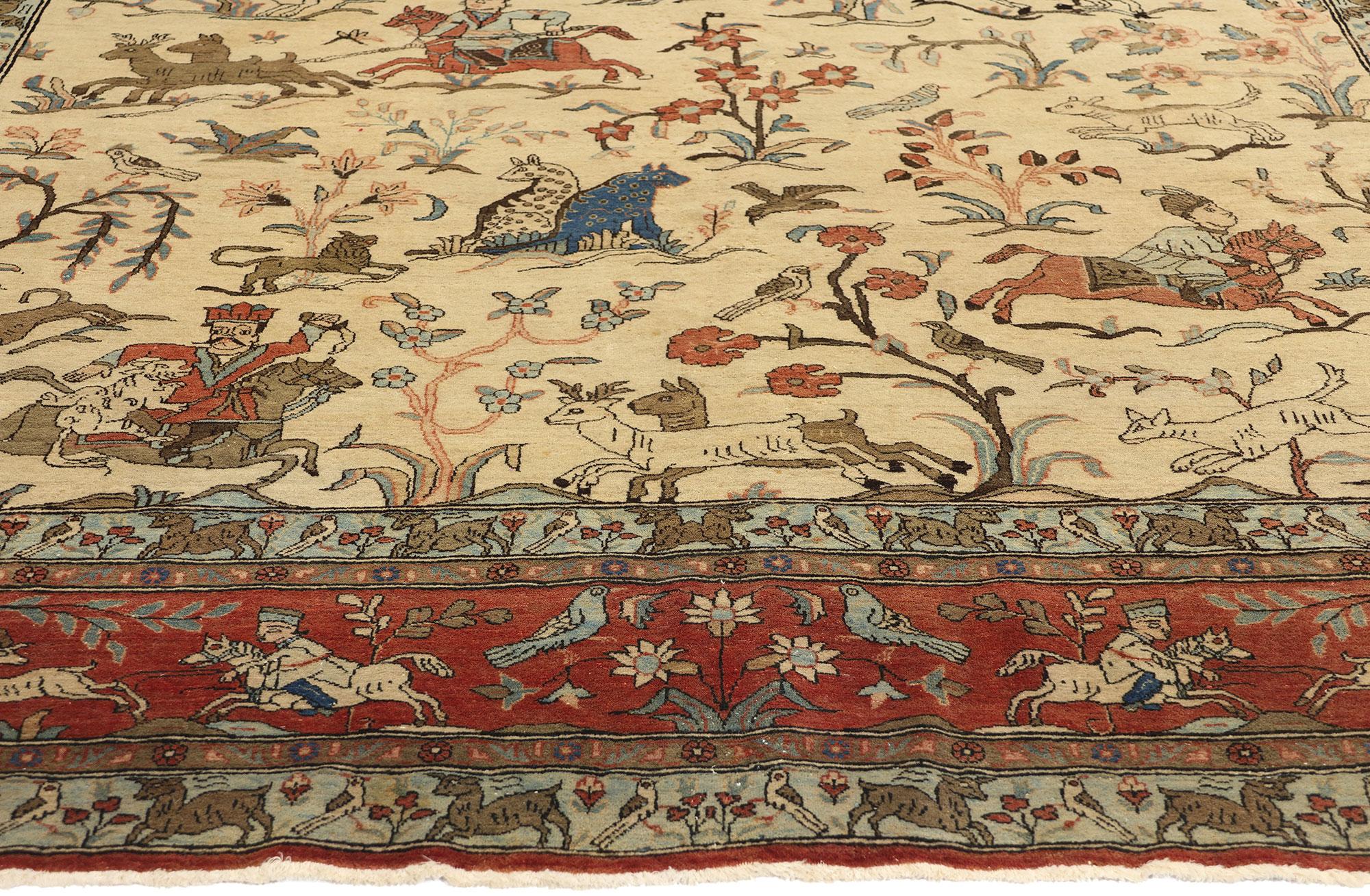 Vintage Persian Tabriz Hunting Pictorial Tableau Carpet In Good Condition For Sale In Dallas, TX