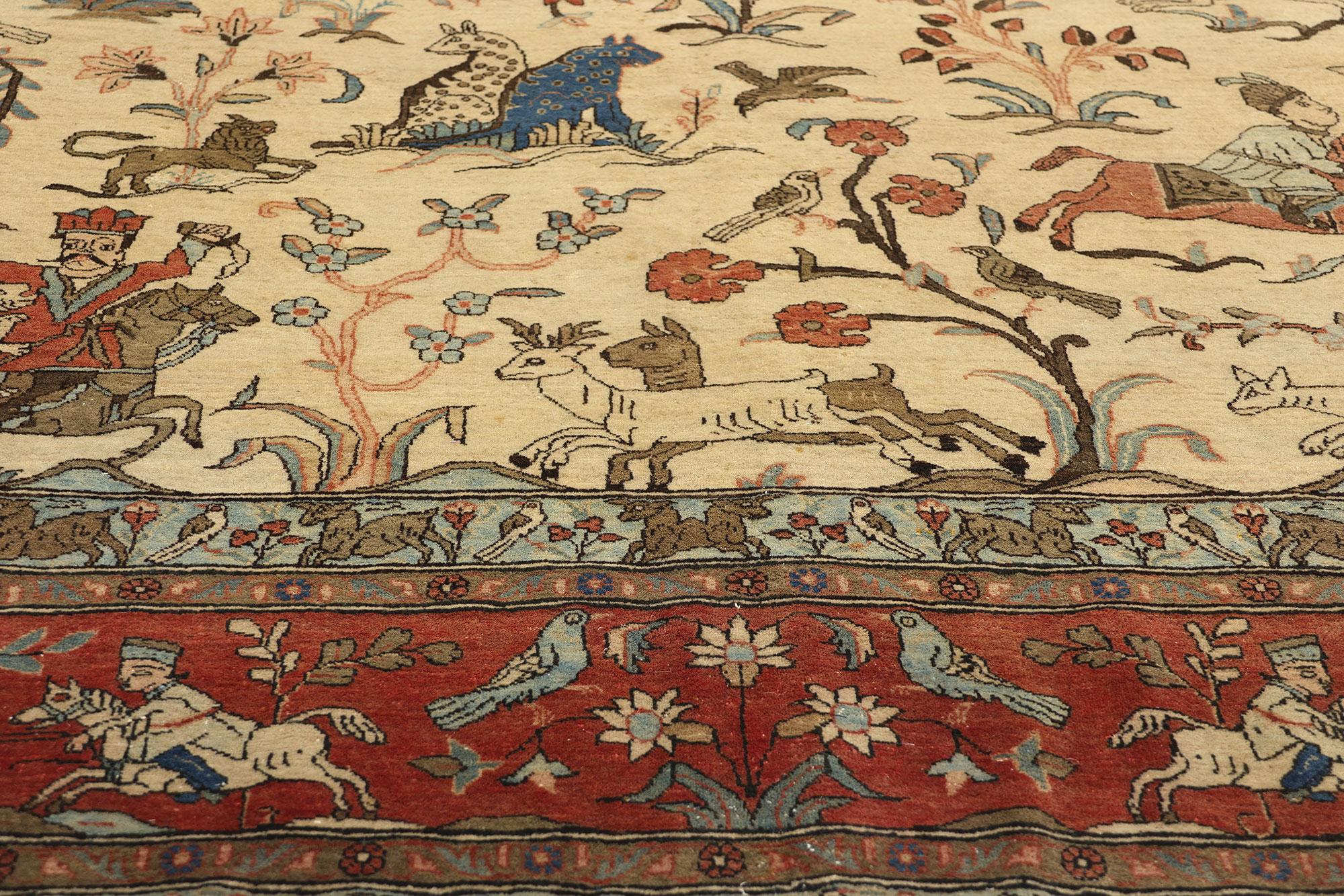 20th Century Vintage Persian Tabriz Hunting Pictorial Tableau Carpet For Sale