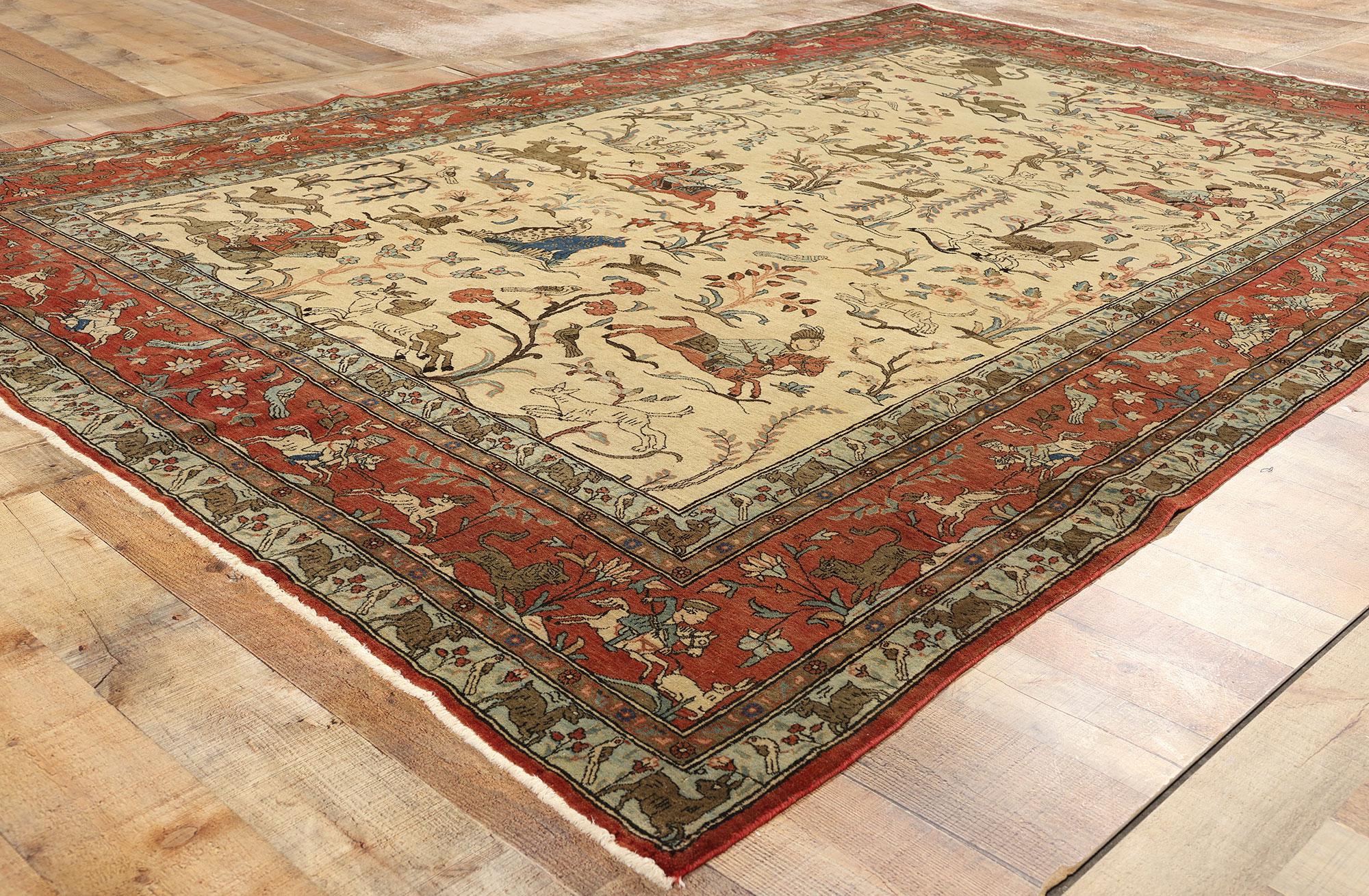 Vintage Persian Tabriz Hunting Pictorial Tableau Carpet For Sale 1