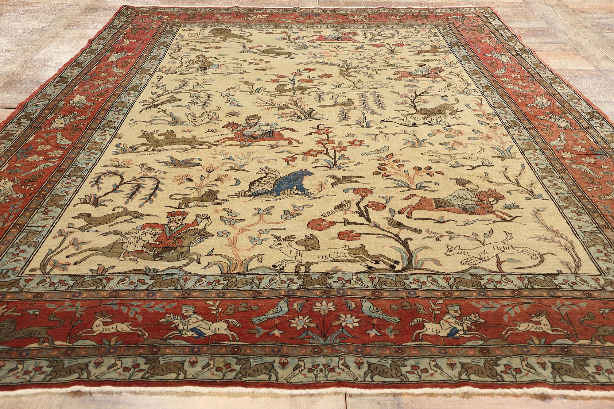 Vintage Persian Tabriz Hunting Pictorial Tableau Carpet For Sale 2