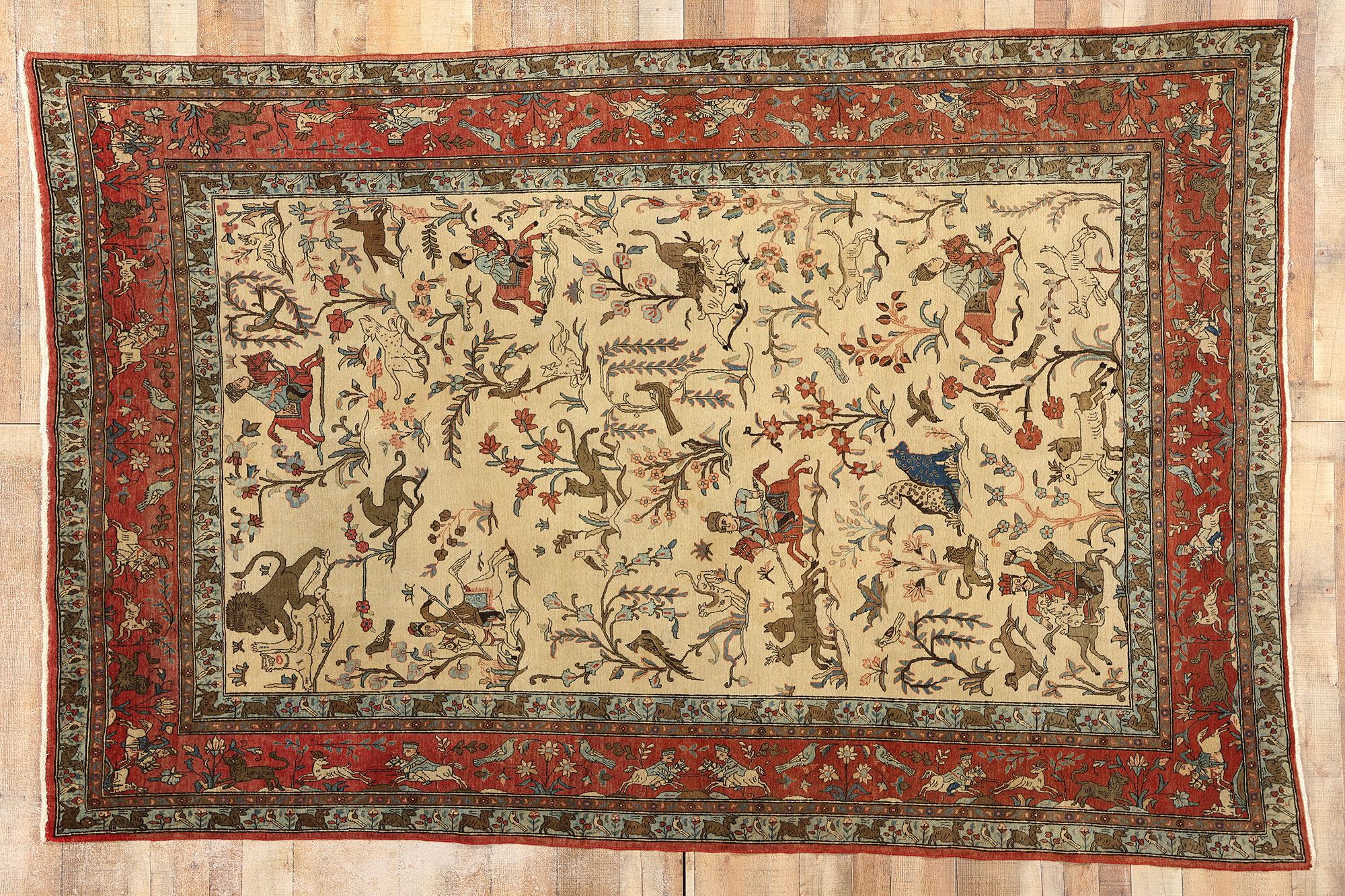Vintage Persian Tabriz Hunting Pictorial Tableau Carpet For Sale 3