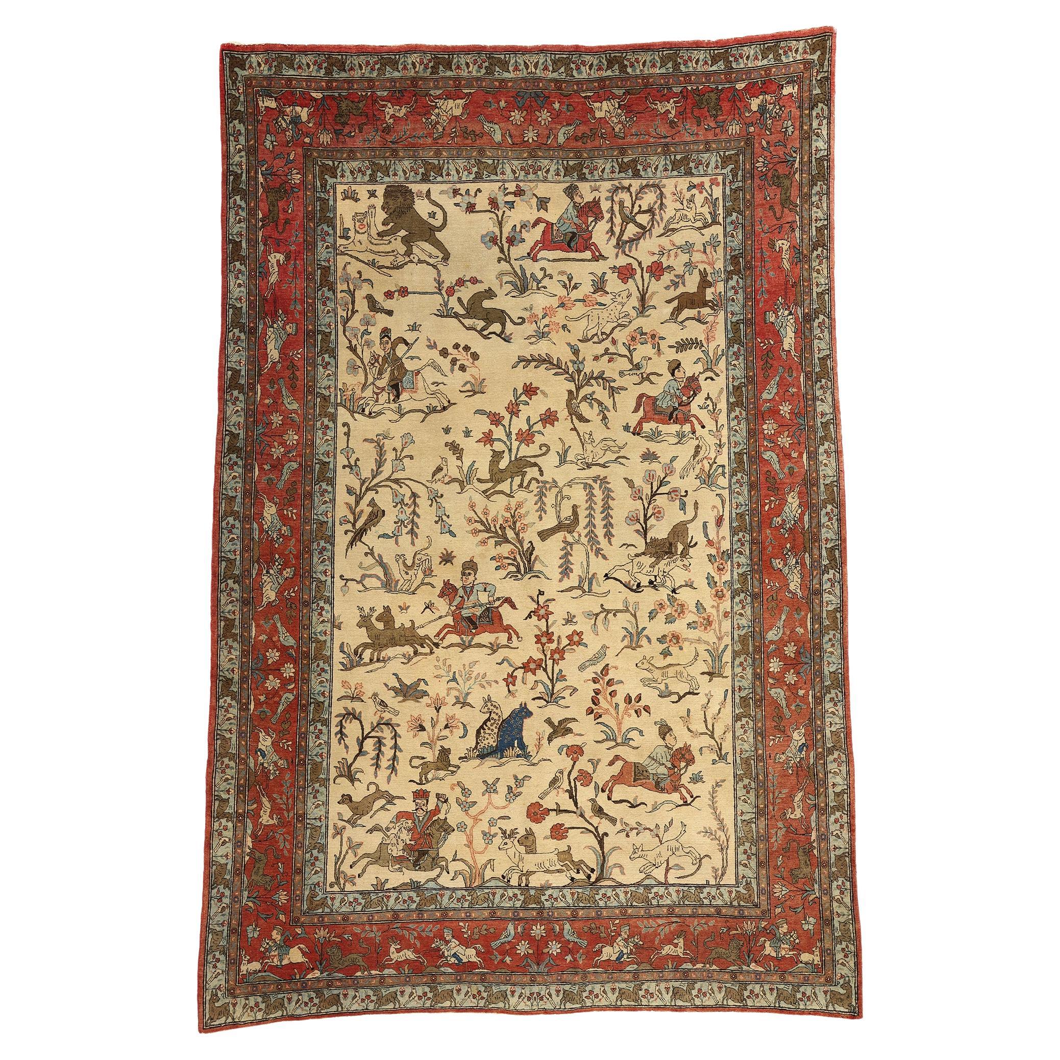 Vintage Persian Tabriz Hunting Pictorial Tableau Carpet For Sale