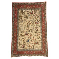 Antique Persian Tabriz Hunting Pictorial Tableau Carpet
