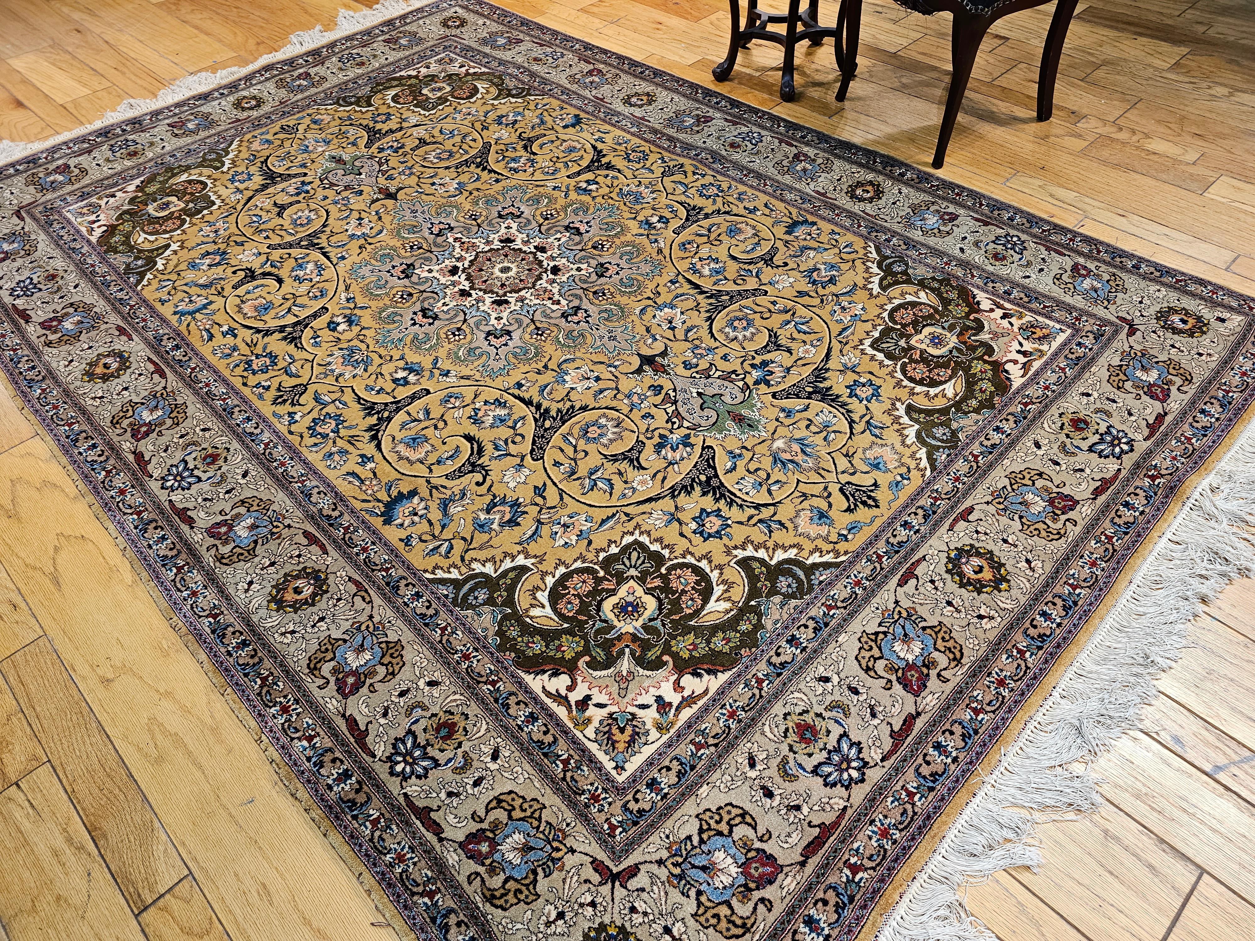 Vintage Persian Tabriz in a Floral Pattern in Camelhair, Green, Ivory, Pewter For Sale 8
