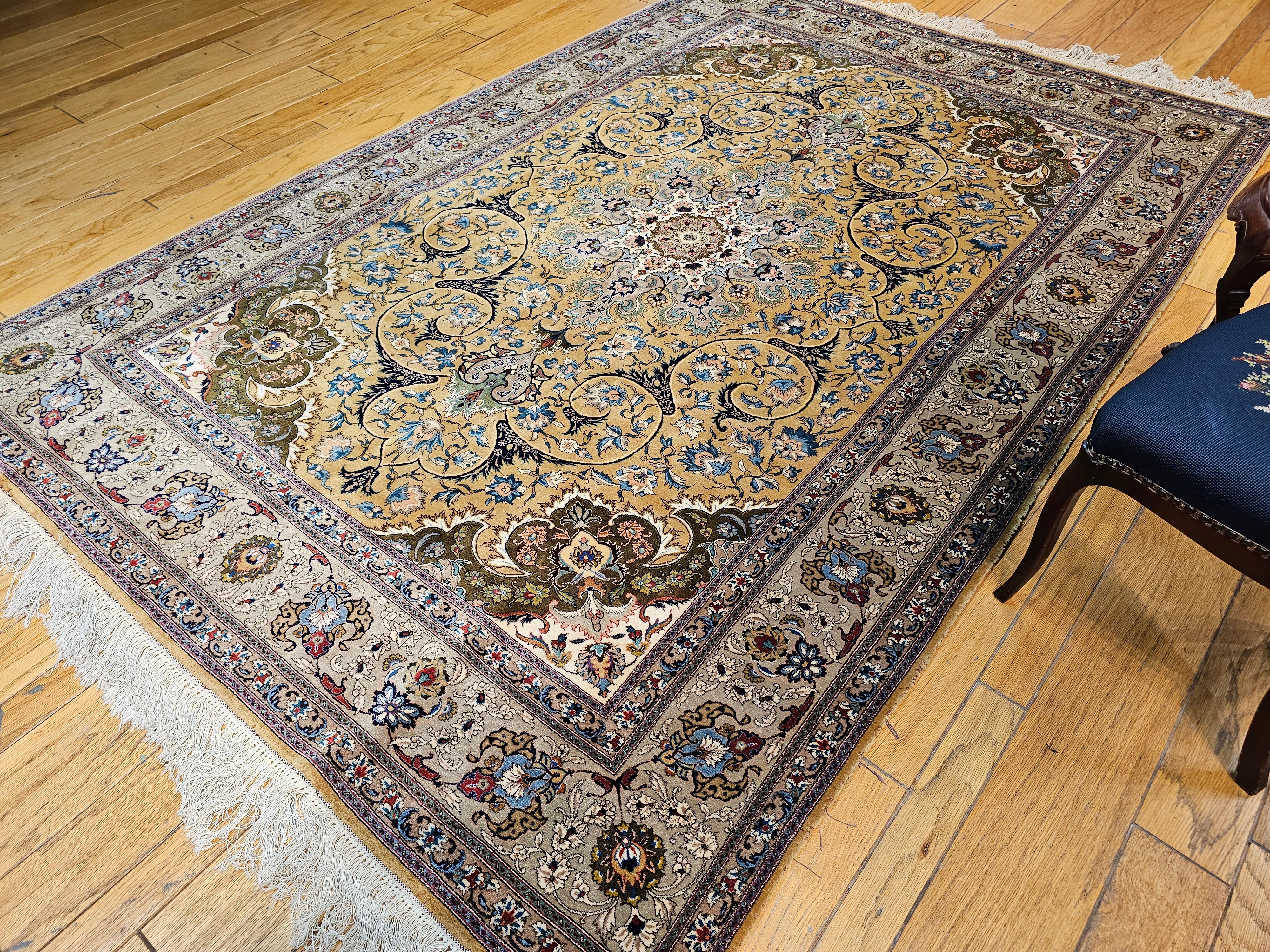 Vintage Persian Tabriz in a Floral Pattern in Camelhair, Green, Ivory, Pewter For Sale 9