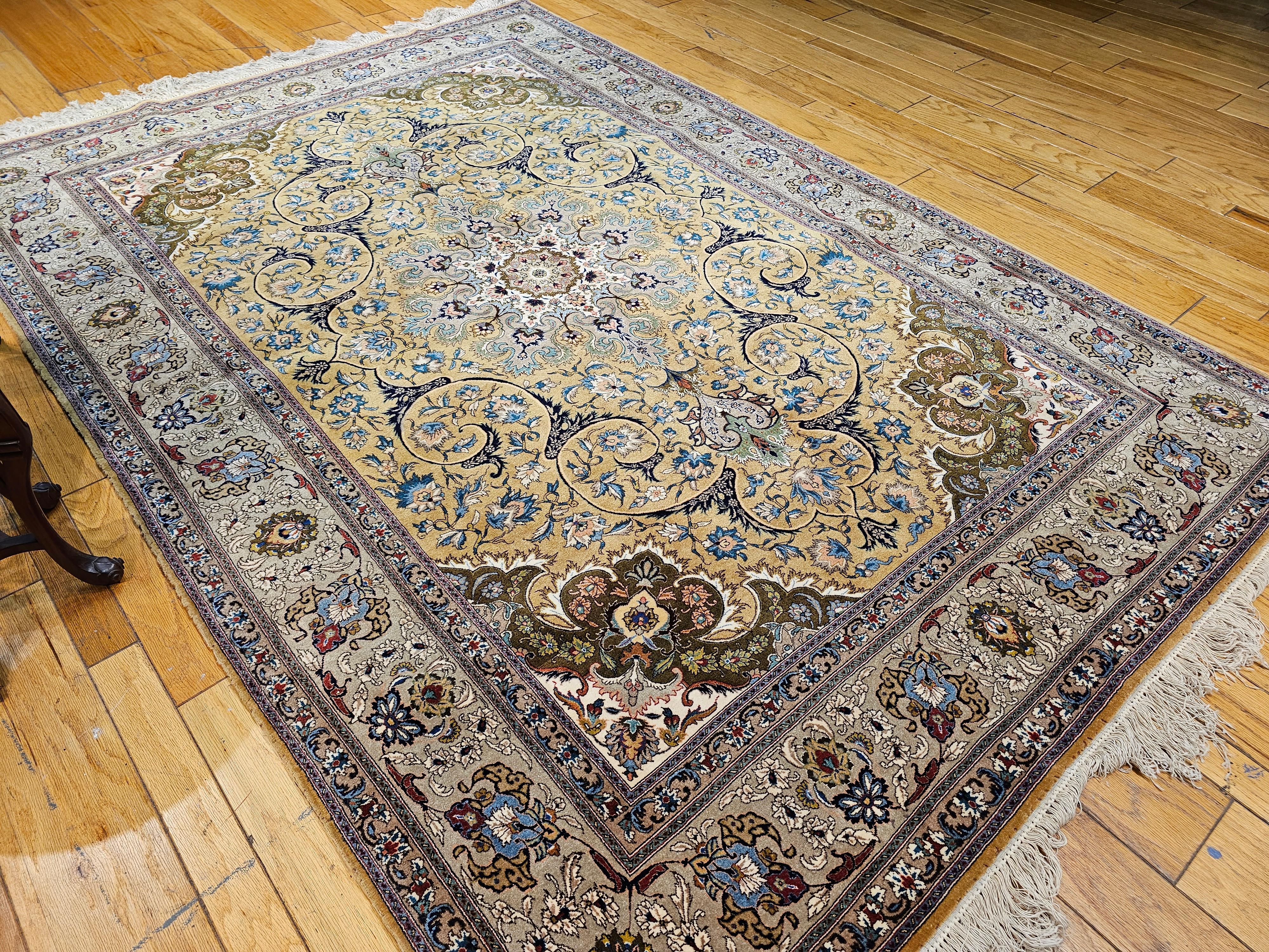 Vintage Persian Tabriz in a Floral Pattern in Camelhair, Green, Ivory, Pewter For Sale 11