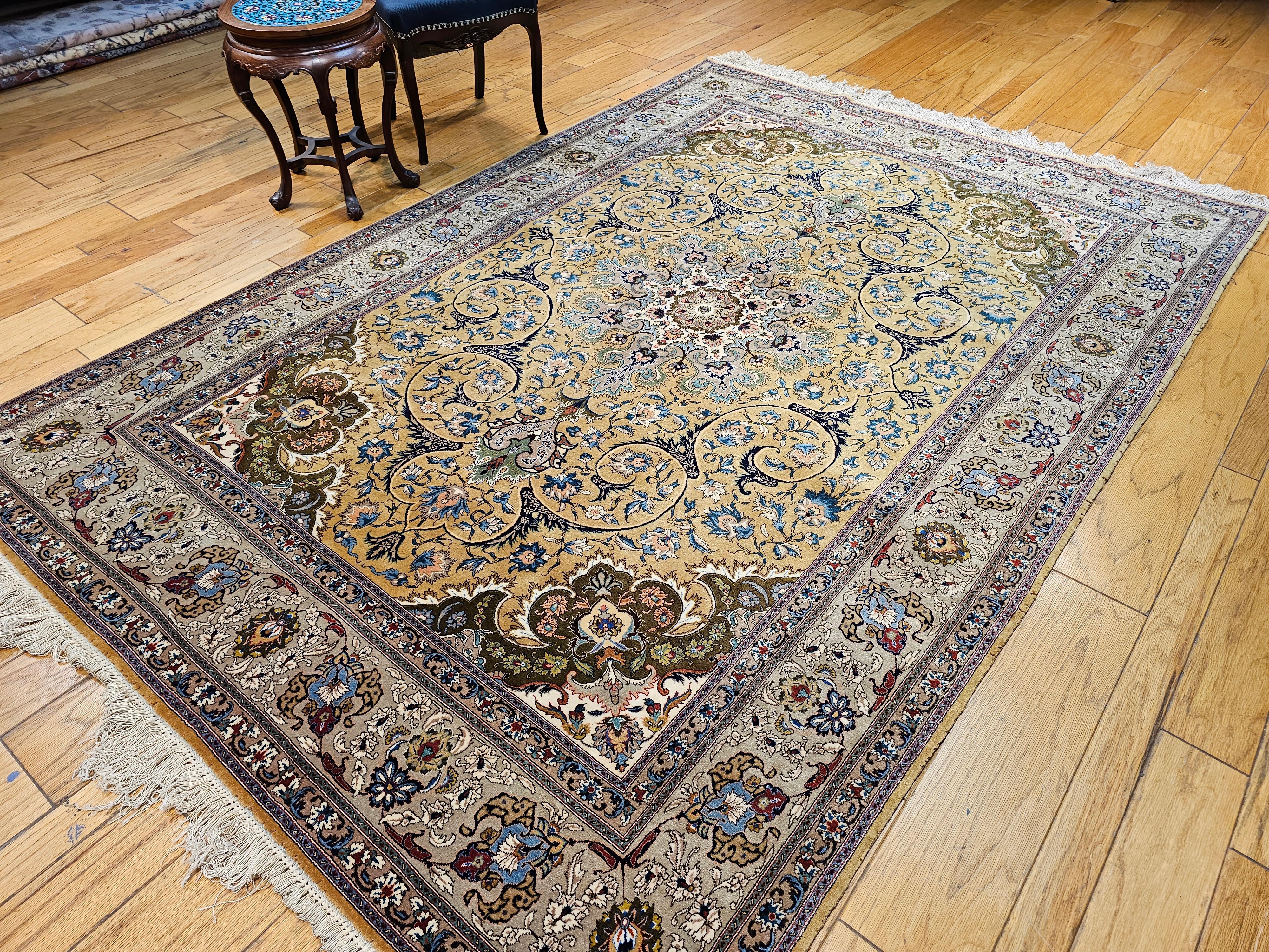 Vintage Persian Tabriz in a Floral Pattern in Camelhair, Green, Ivory, Pewter For Sale 12