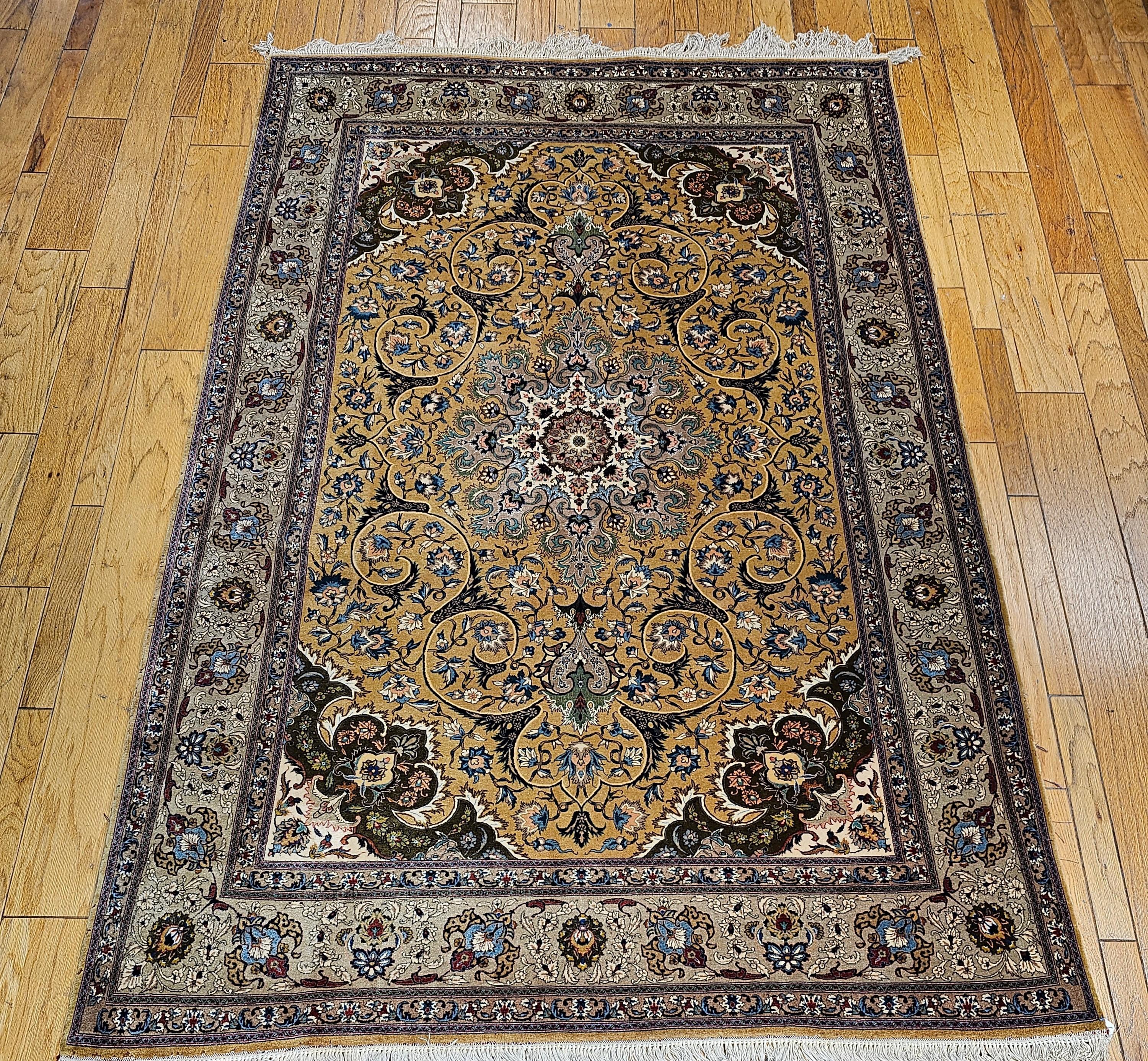 Vintage Persian Tabriz in a Floral Pattern in Camelhair, Green, Ivory, Pewter For Sale 14