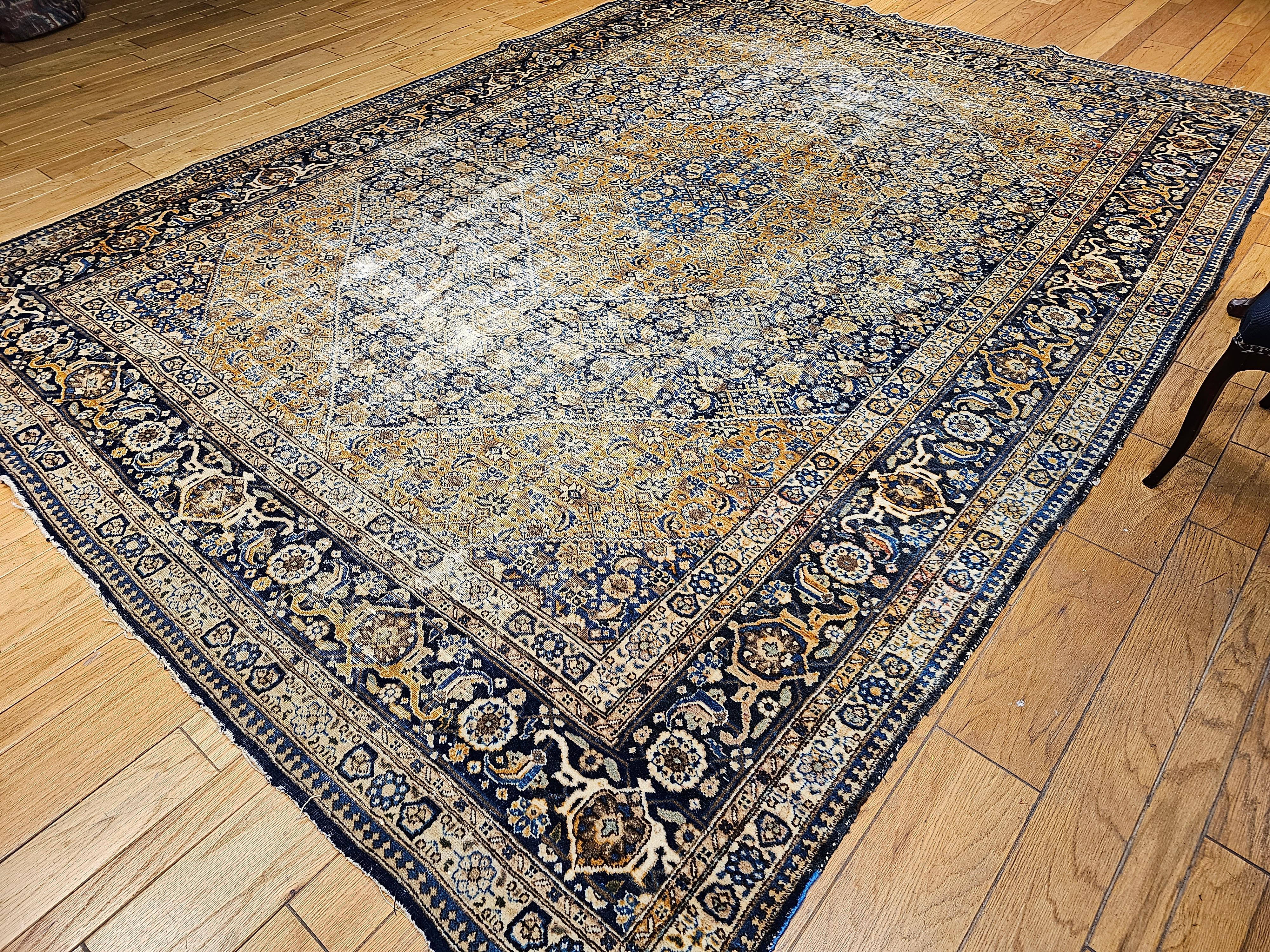 Vintage Persian Tabriz in Geometric Mahi Pattern in French Blue, Navy, Camel For Sale 4