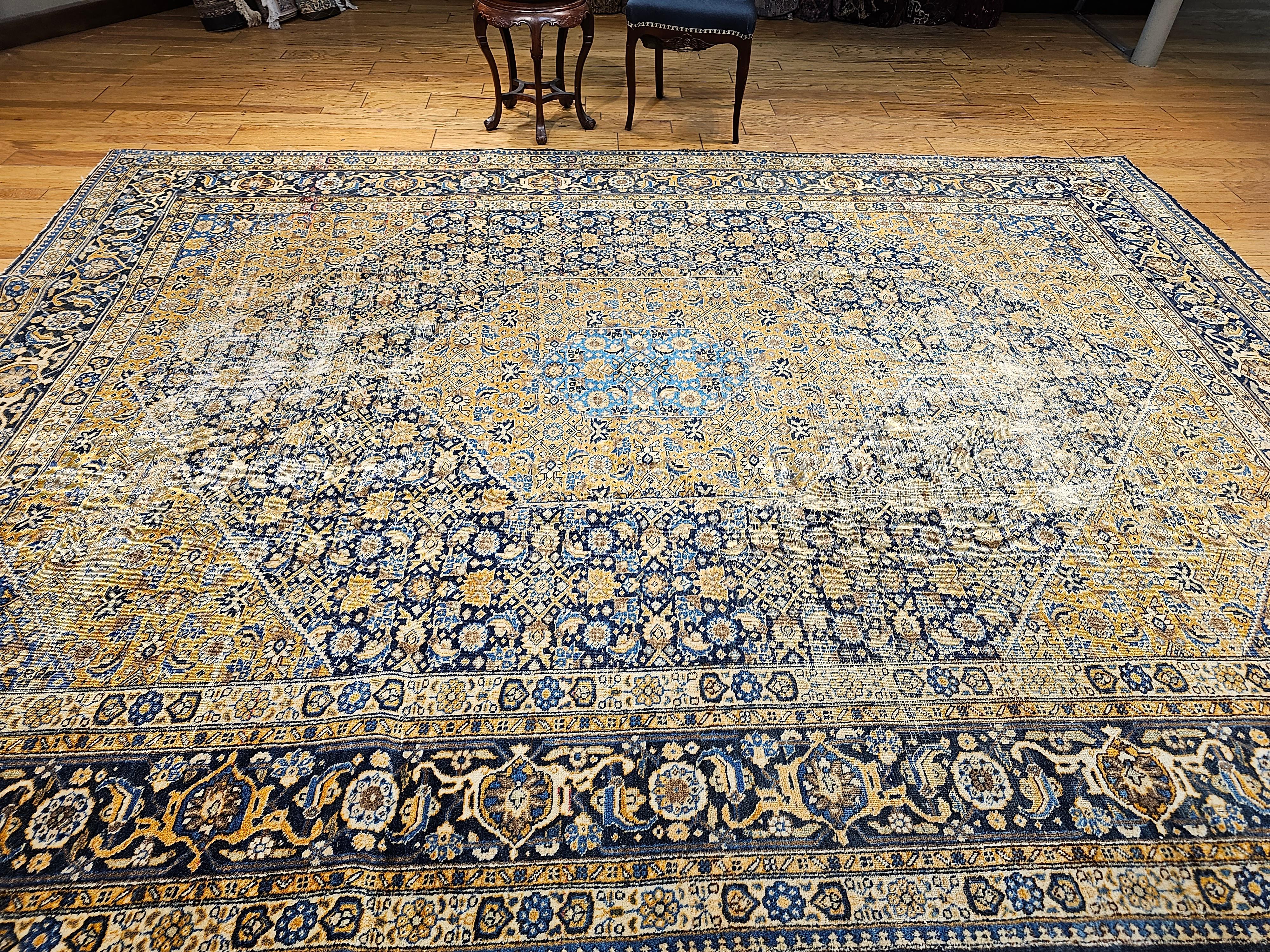 Vintage Persian Tabriz in Geometric Mahi Pattern in French Blue, Navy, Camel For Sale 5