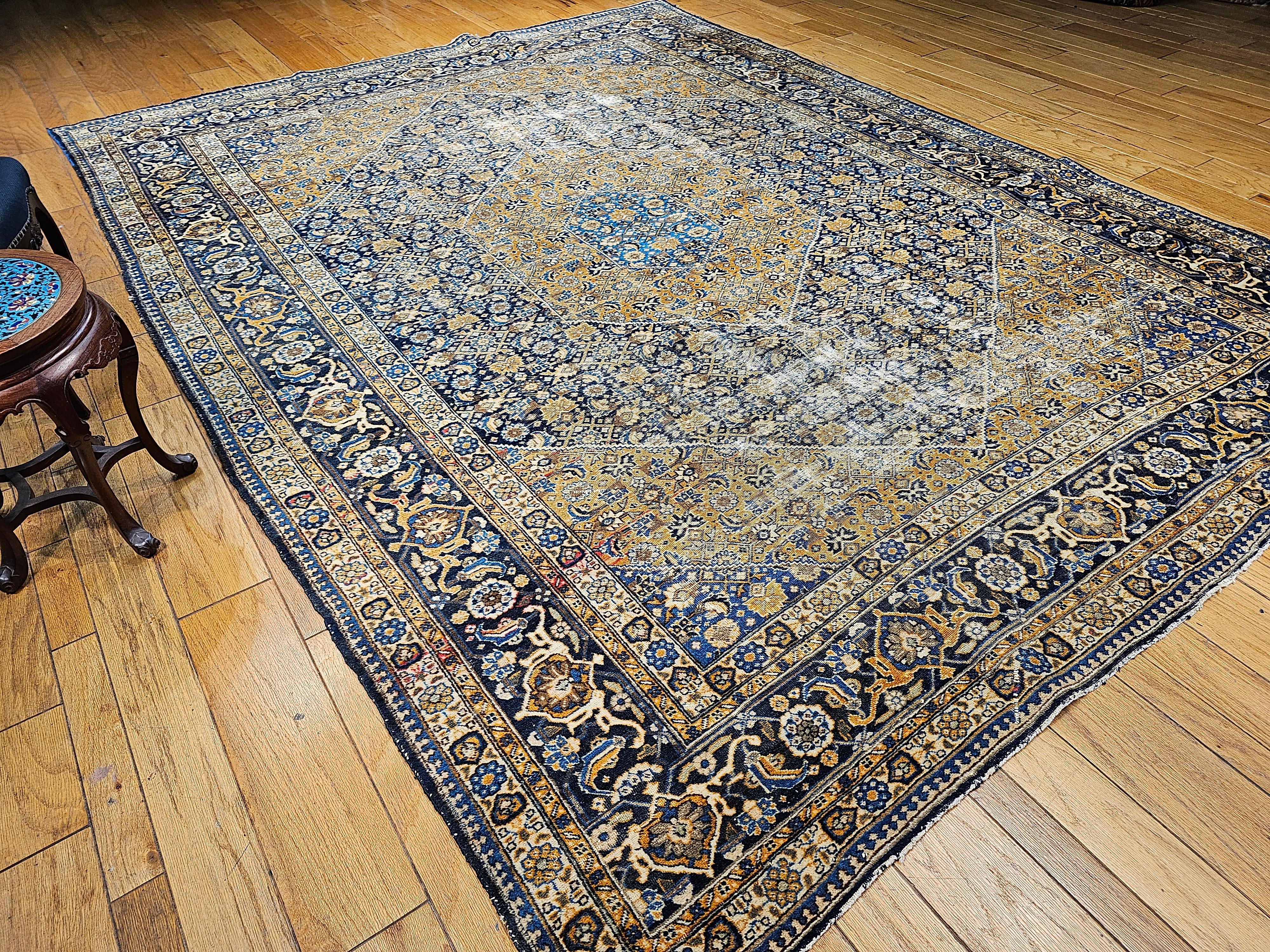 Vintage Persian Tabriz in Geometric Mahi Pattern in French Blue, Navy, Camel For Sale 6