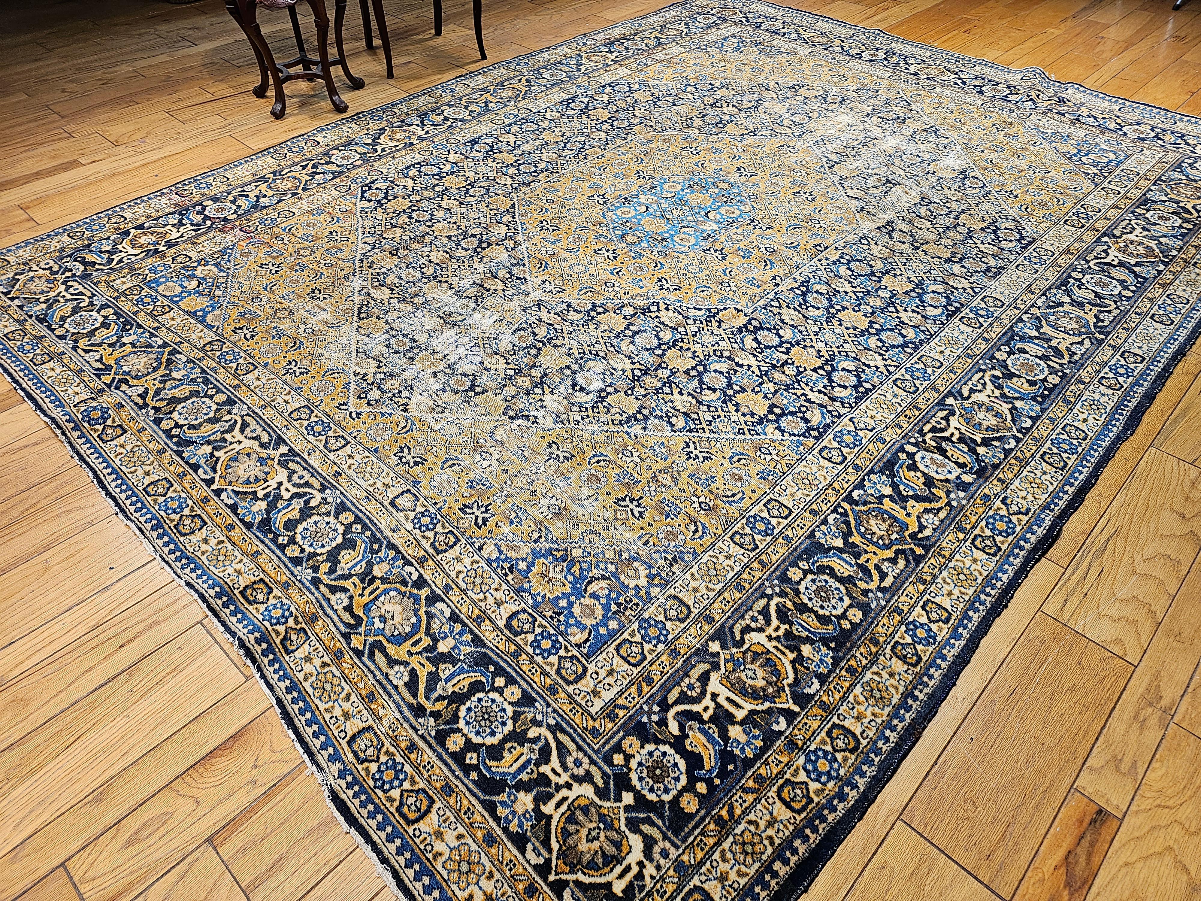 Vintage Persian Tabriz in Geometric Mahi Pattern in French Blue, Navy, Camel For Sale 7