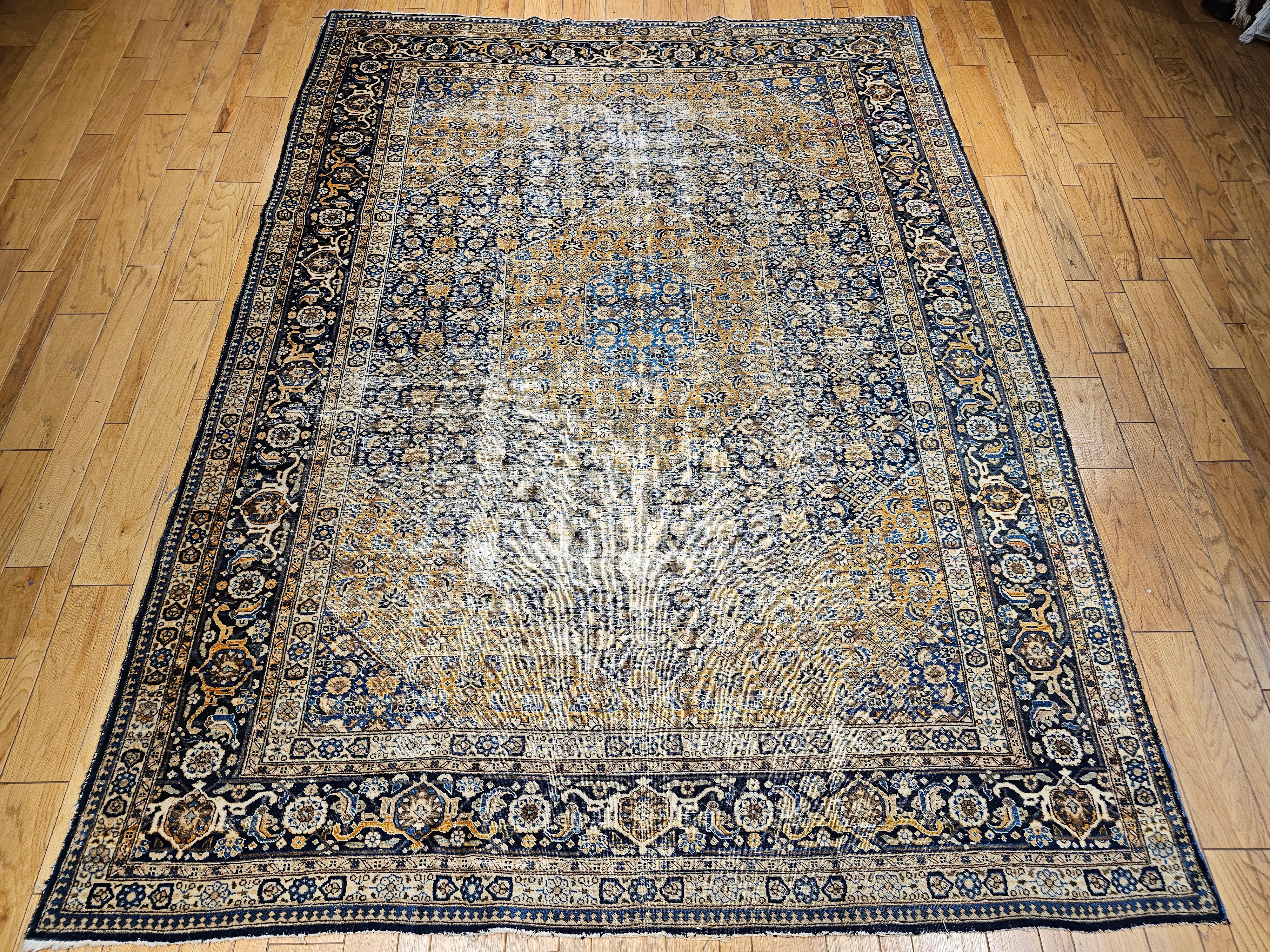 Vintage Persian Tabriz in Geometric Mahi Pattern in French Blue, Navy, Camel For Sale 8