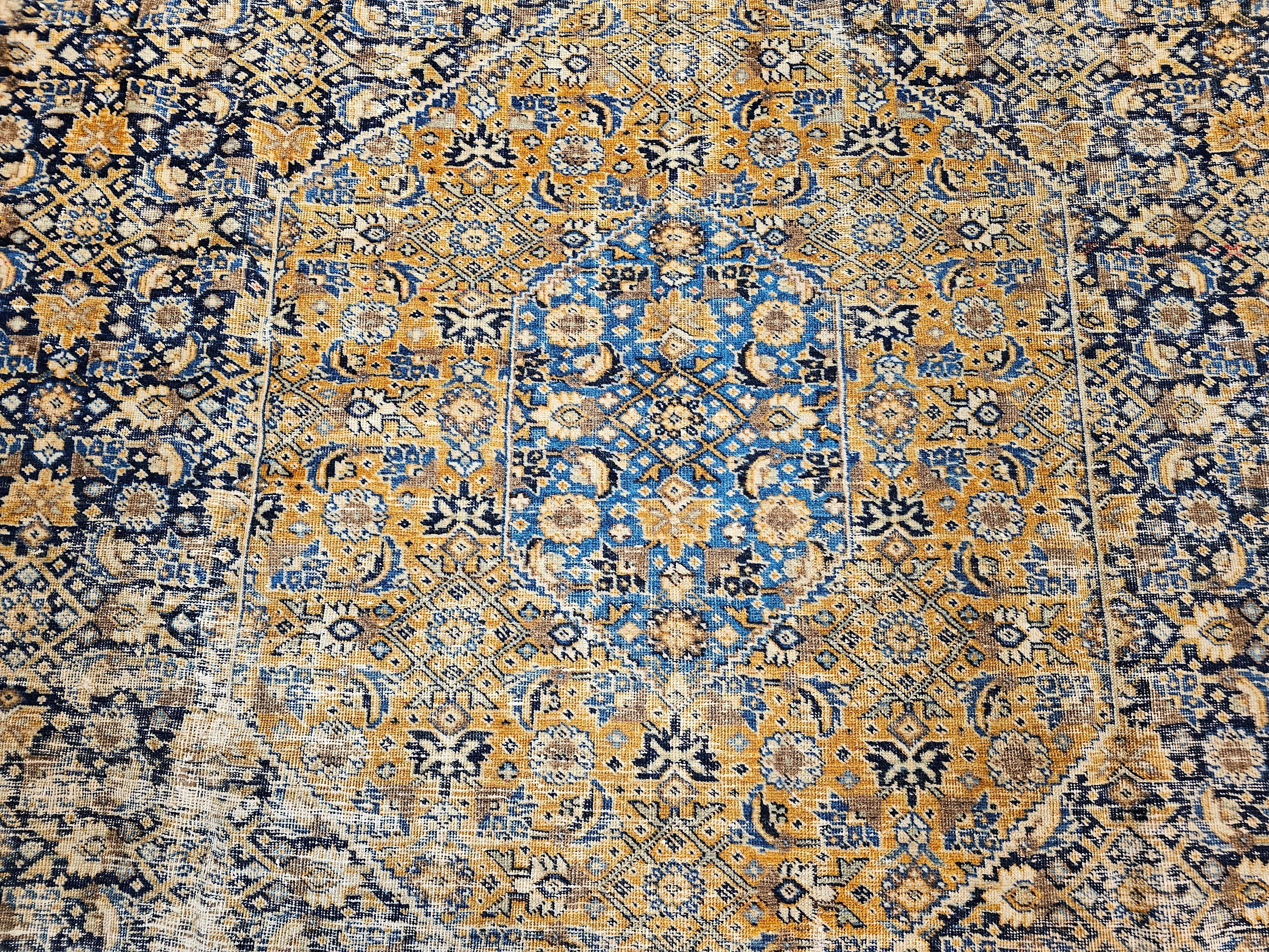 Vintage Persian Tabriz in Geometric Mahi Pattern in French Blue, Navy, Camel In Good Condition For Sale In Barrington, IL