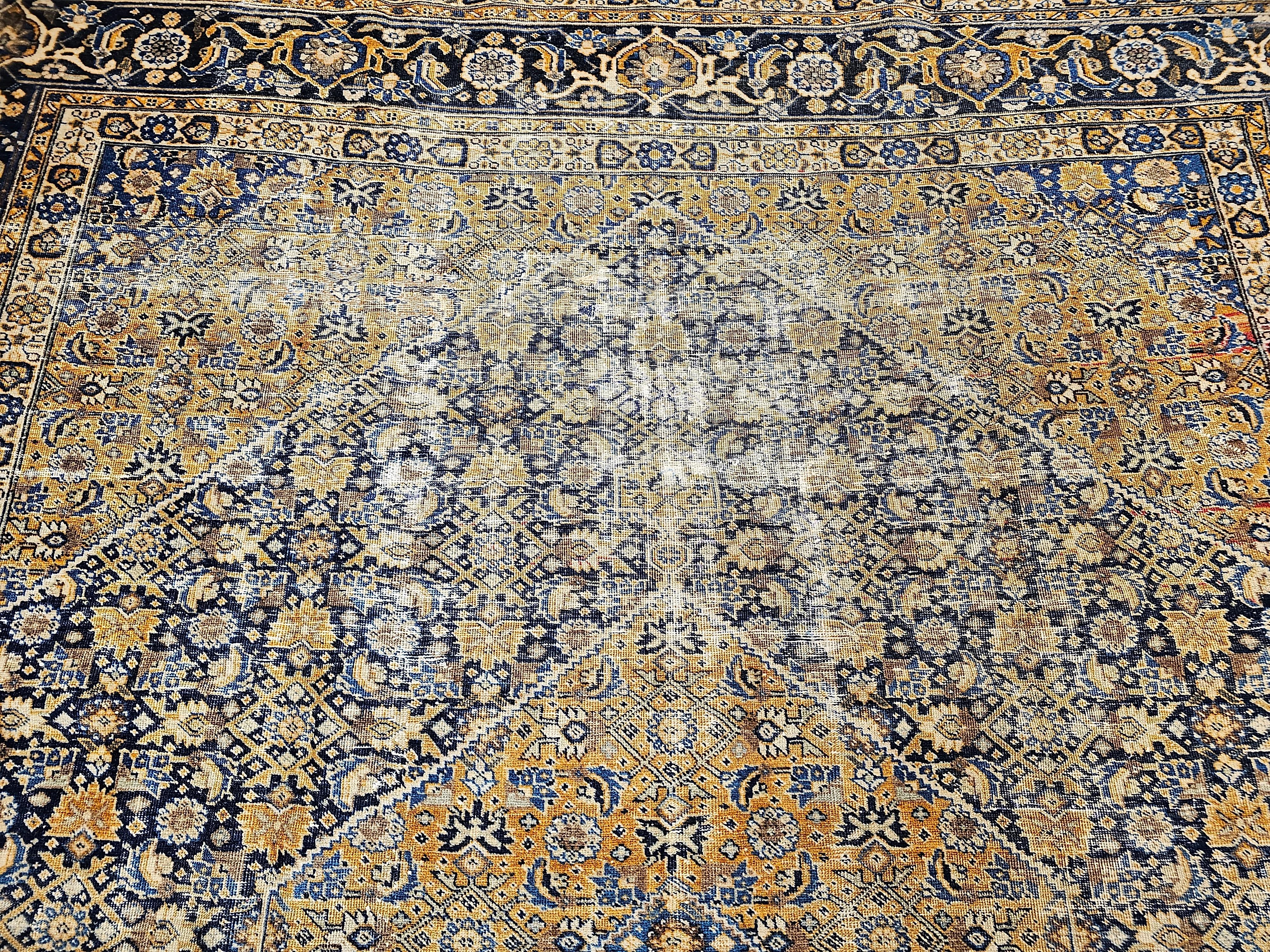 20th Century Vintage Persian Tabriz in Geometric Mahi Pattern in French Blue, Navy, Camel For Sale