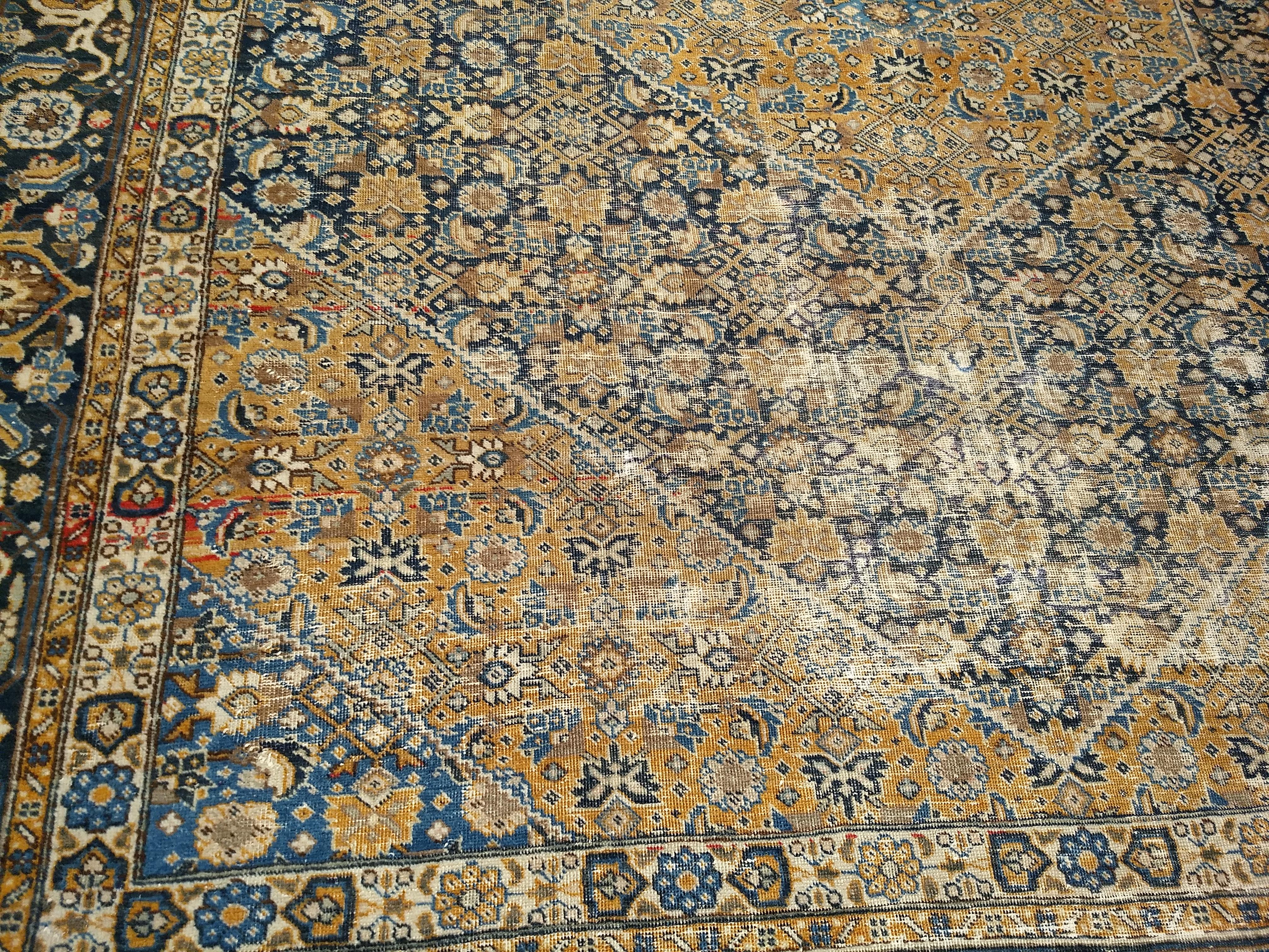 Wool Vintage Persian Tabriz in Geometric Mahi Pattern in French Blue, Navy, Camel For Sale