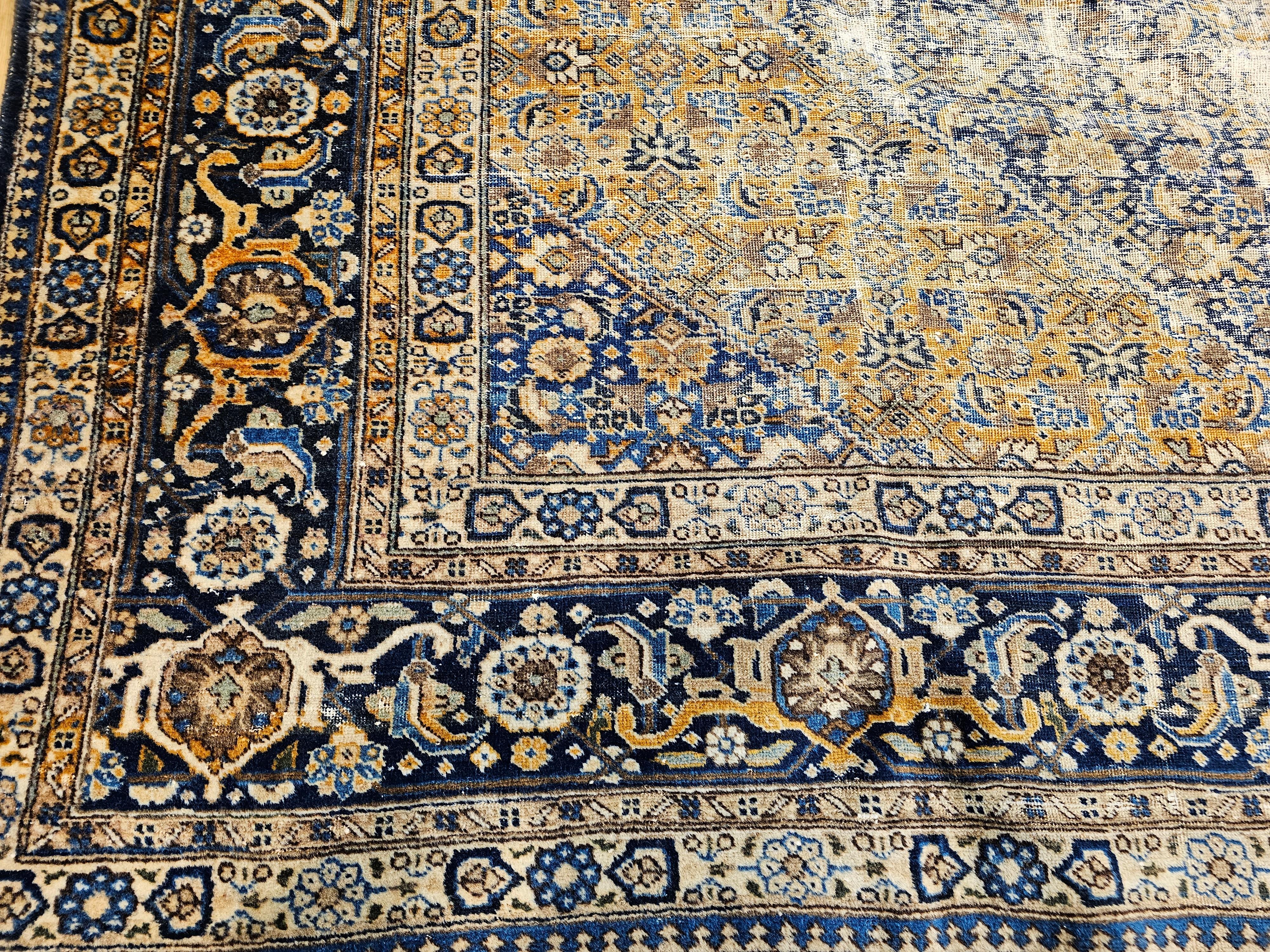 Vintage Persian Tabriz in Geometric Mahi Pattern in French Blue, Navy, Camel For Sale 1