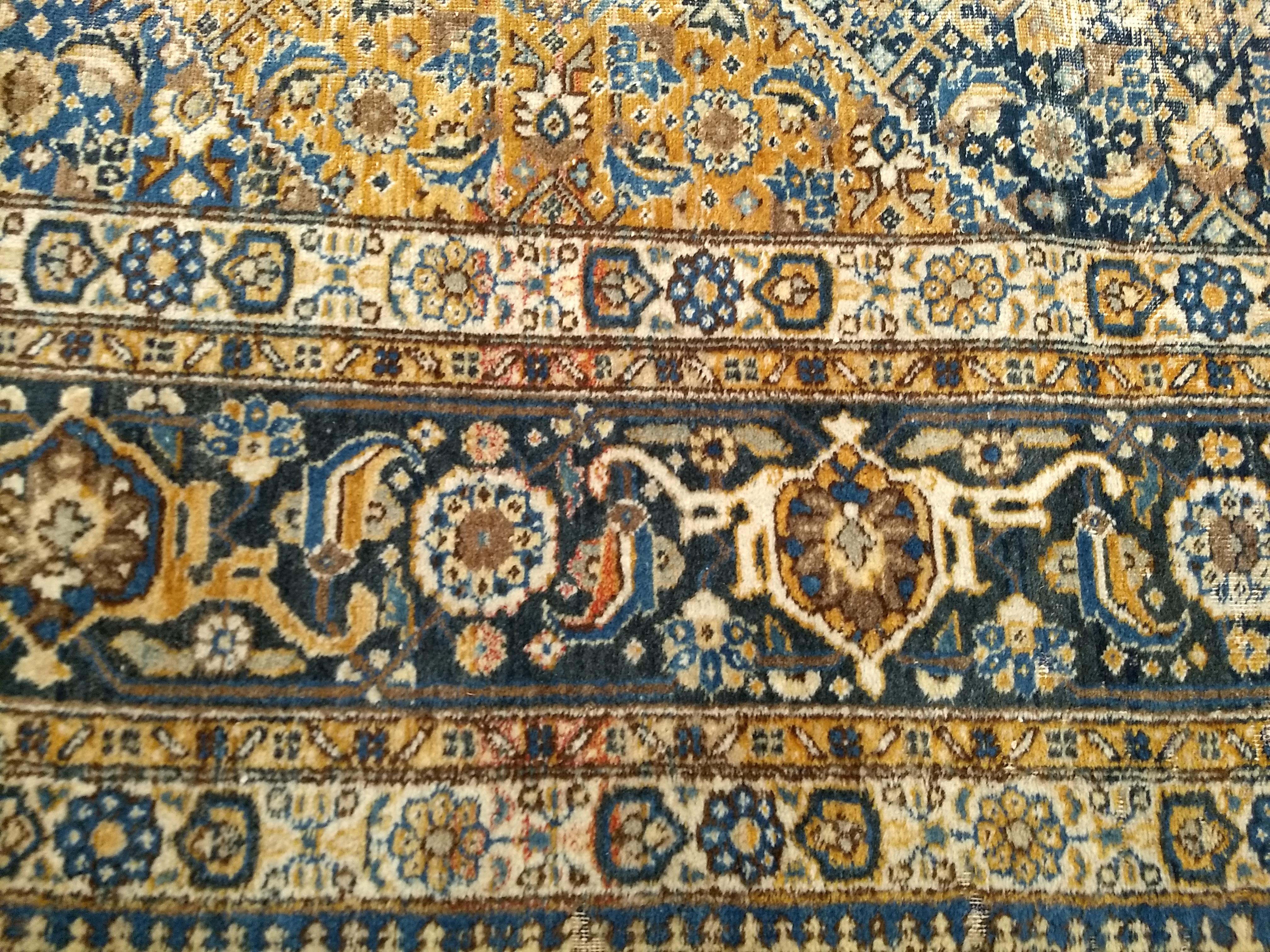Vintage Persian Tabriz in Geometric Mahi Pattern in French Blue, Navy, Camel For Sale 2