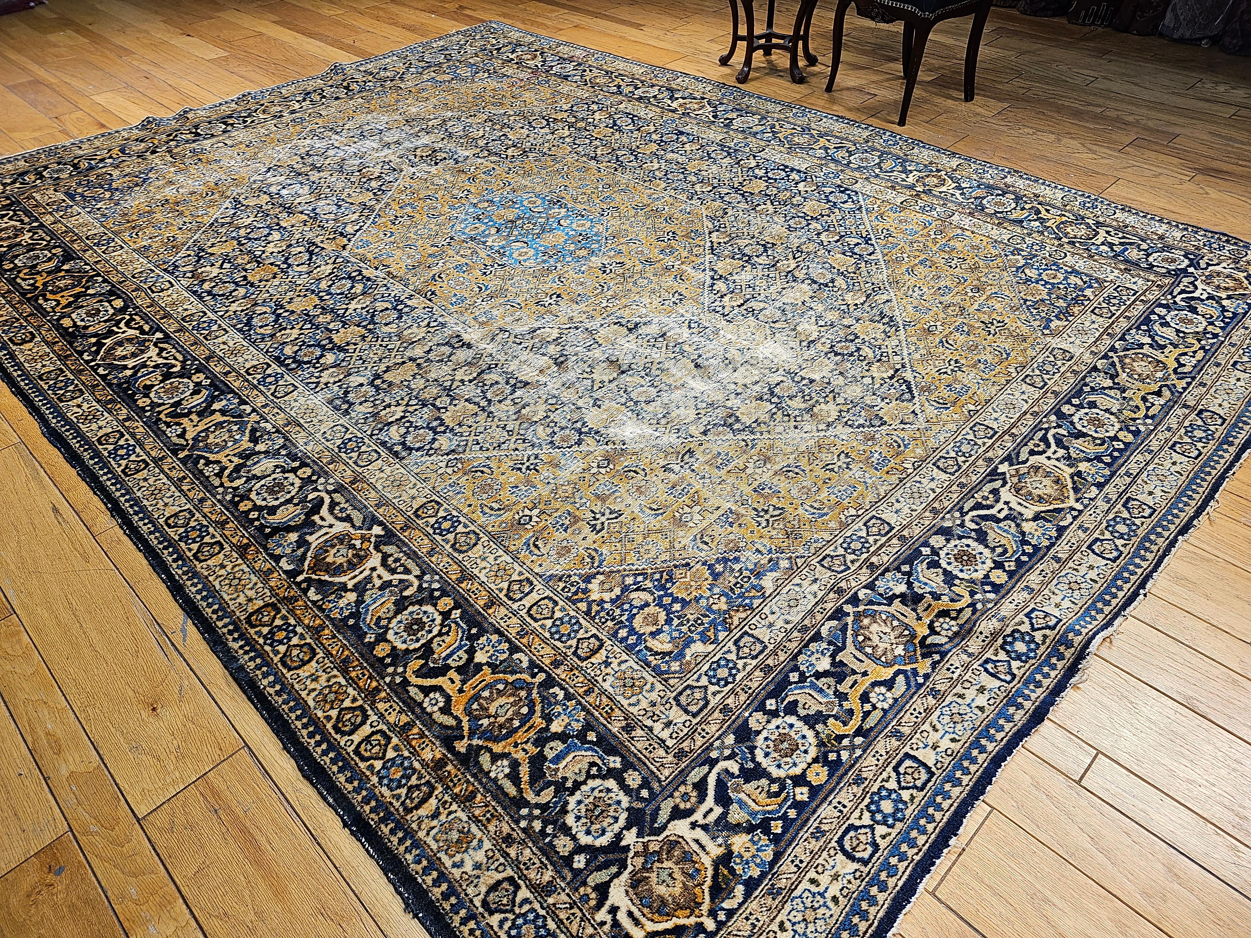 Vintage Persian Tabriz in Geometric Mahi Pattern in French Blue, Navy, Camel For Sale 3