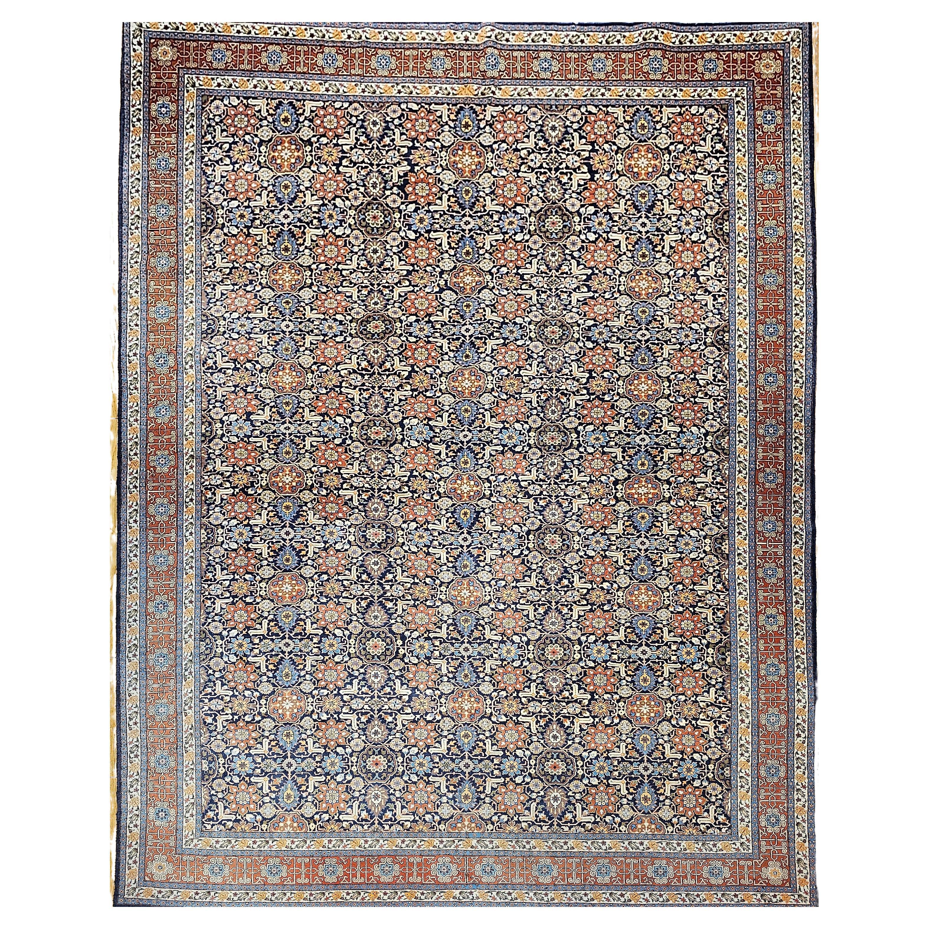 Vieux Tabriz persan à motif géométrique Afshan en bleu marine et rouge