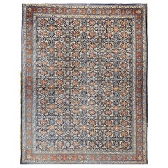 Antique Persian Tabriz in Allover Afshan Geometric Pattern in Navy Blue, Red