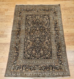 Vintage Persian Tabriz in Allover Floral Pattern in Dark Navy/Black, Gold, Blue