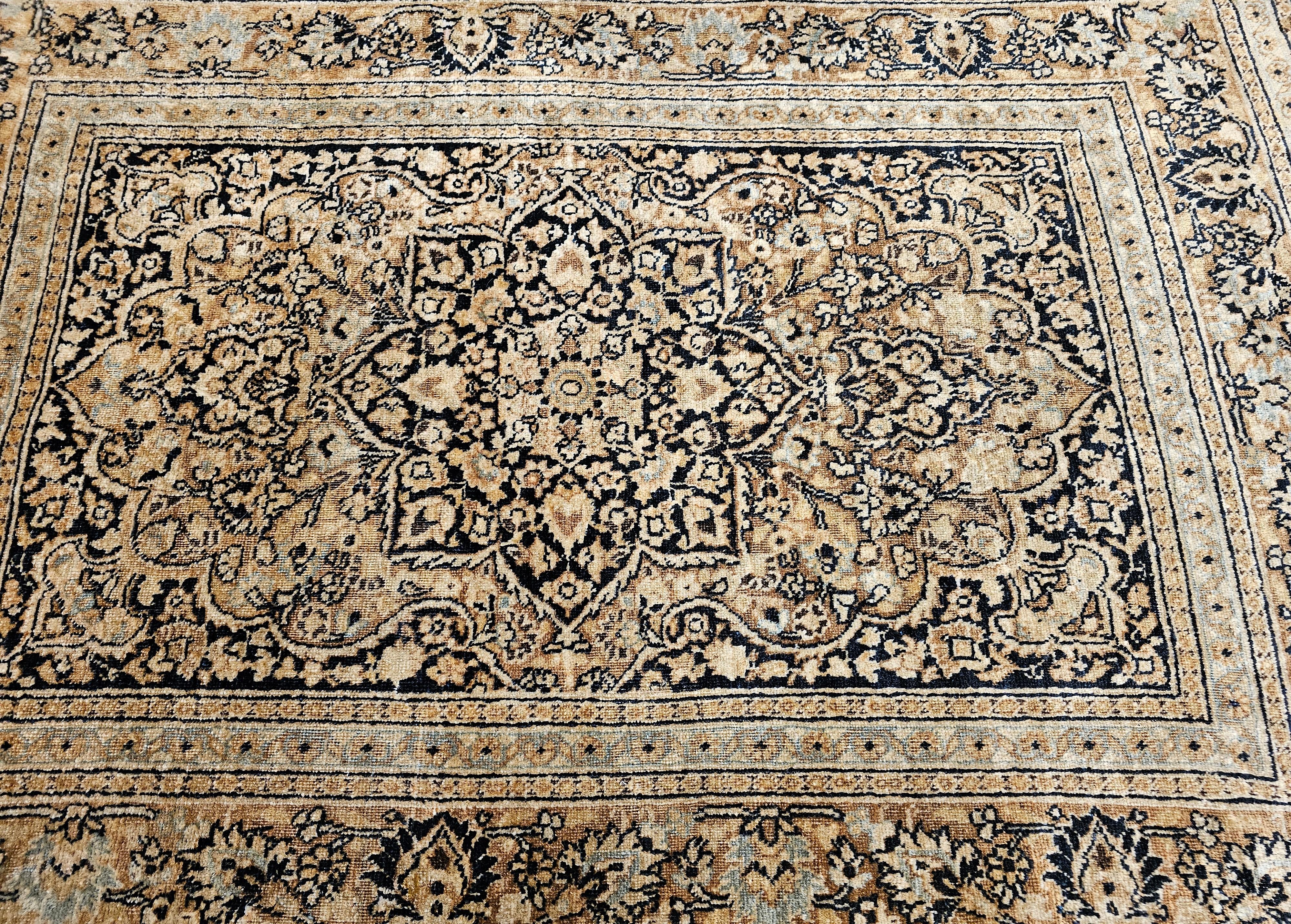 Hand-Knotted Vintage Persian Tabriz in Allover Floral Pattern in Dark Navy/Black, Gold, Blue